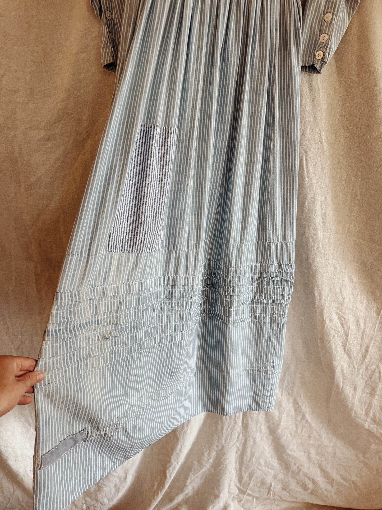 1800s Victorian Blue Striped Double Lined Wrapper Work Dress- S/M