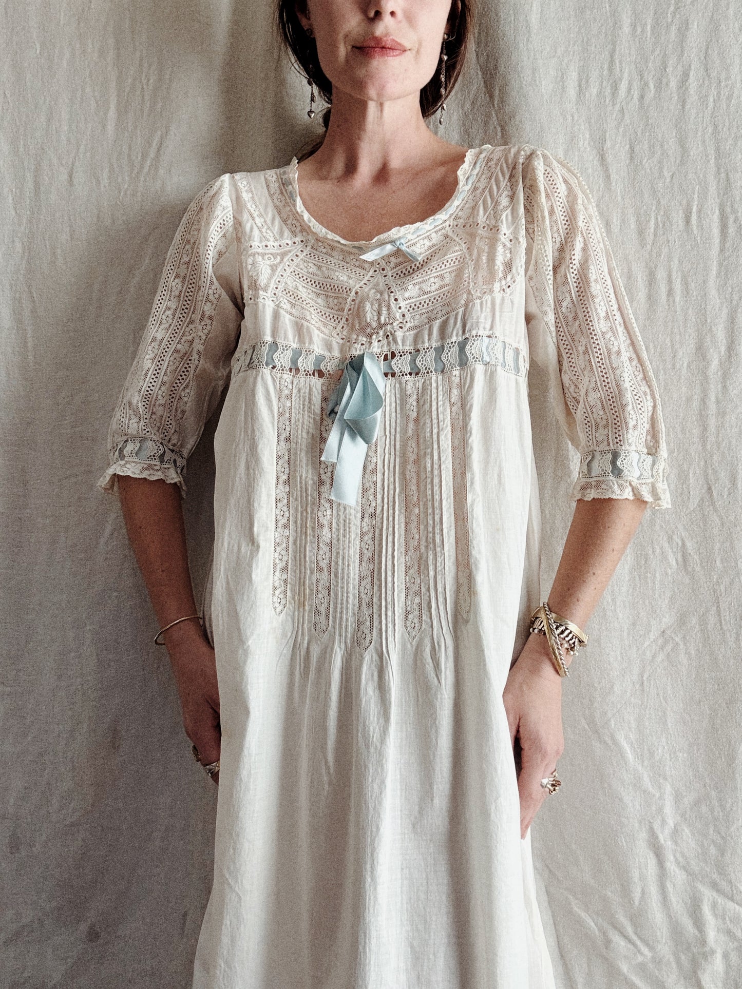 Antique Nightgown w/ Lace Inserts + Pintucking- M