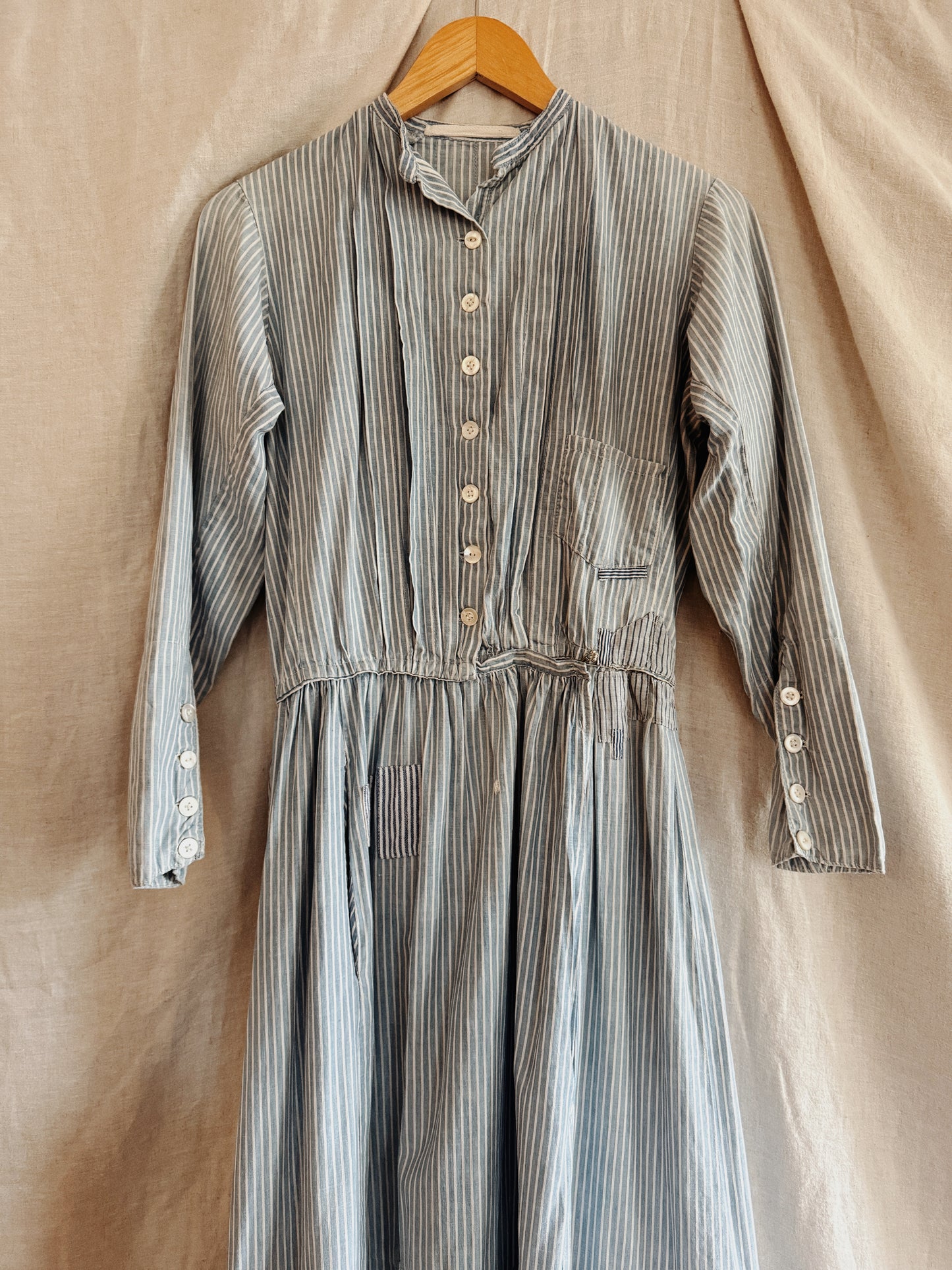 1800s Victorian Blue Striped Double Lined Wrapper Work Dress- S/M