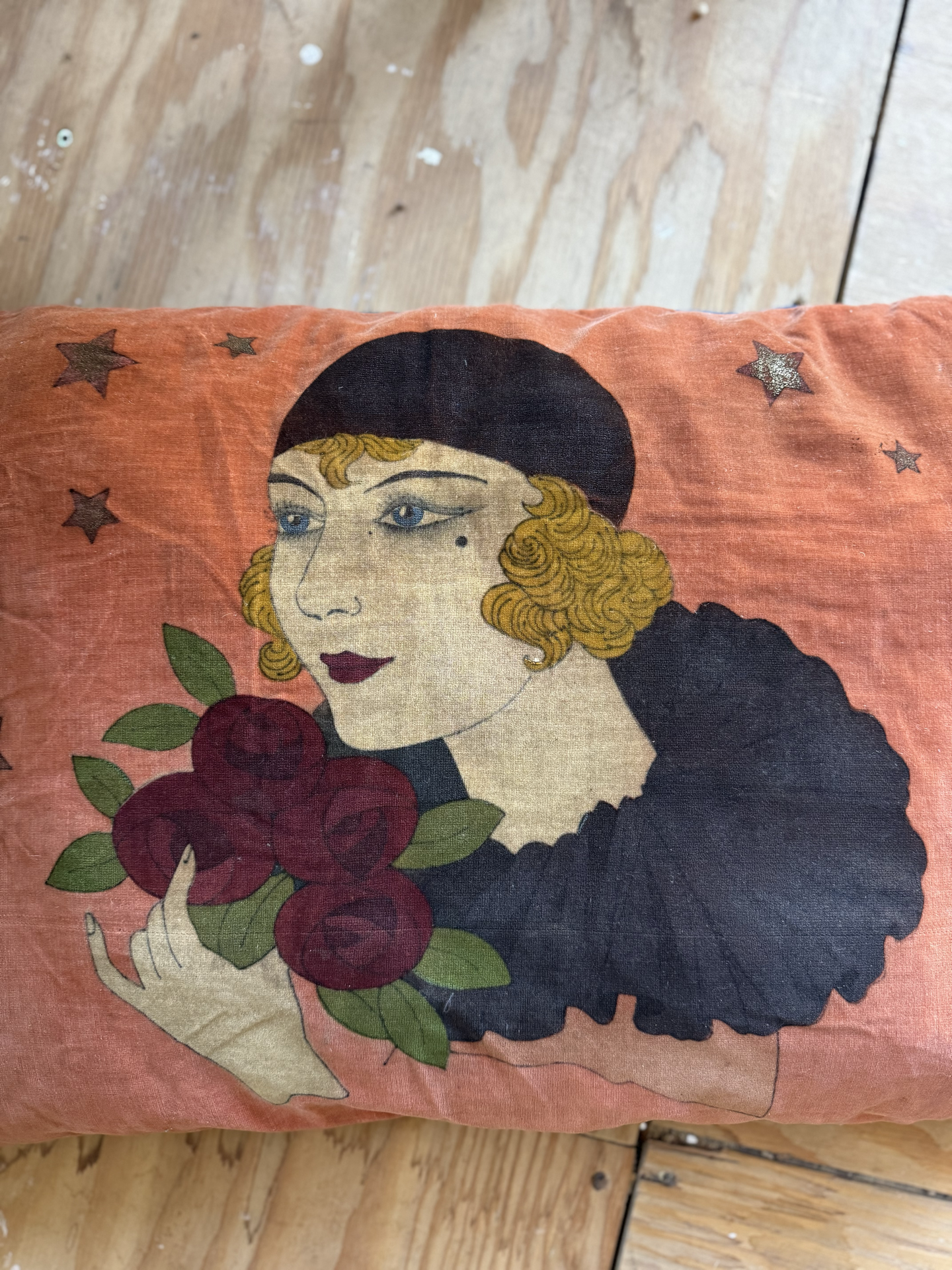 1920s Orange Hand Painted Velveteen Pillow- 15 x 22”