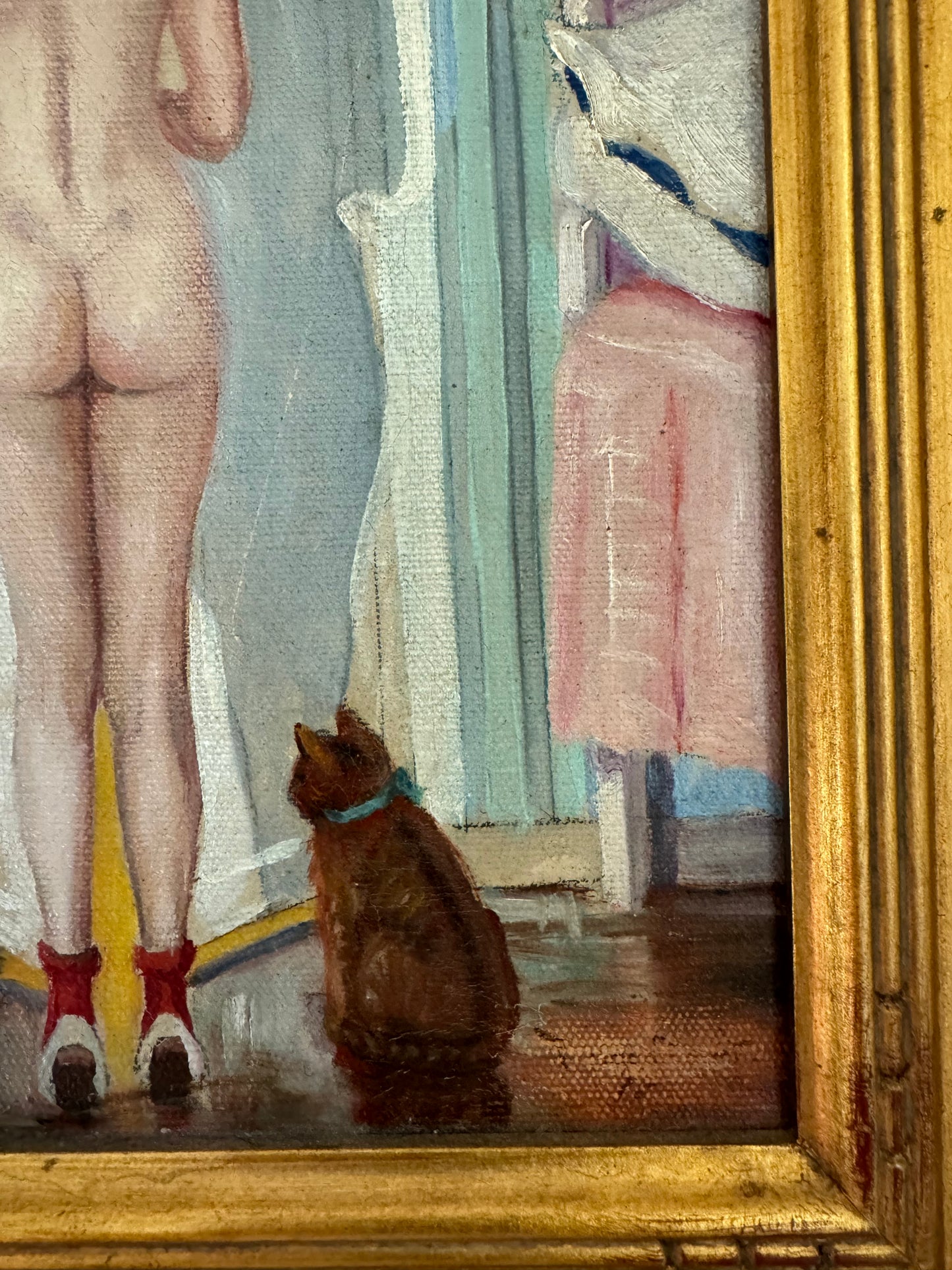 1920s Cheeky Nude w/ Scottie Dog + Kitten Oil Painting- 16 x 19”