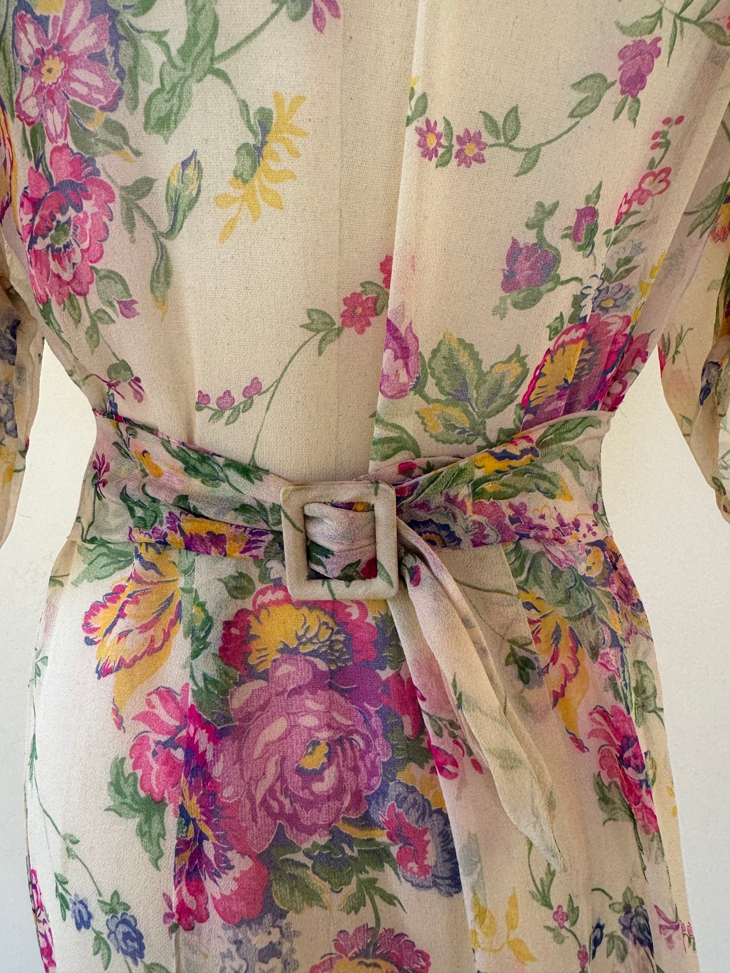 1930s Silk Chiffon Floral Dress w/ Puffed Shoulders- S