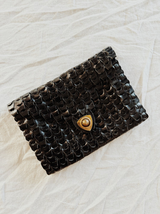 1940s Deco Black Woven Leather Clutch- 7x9”