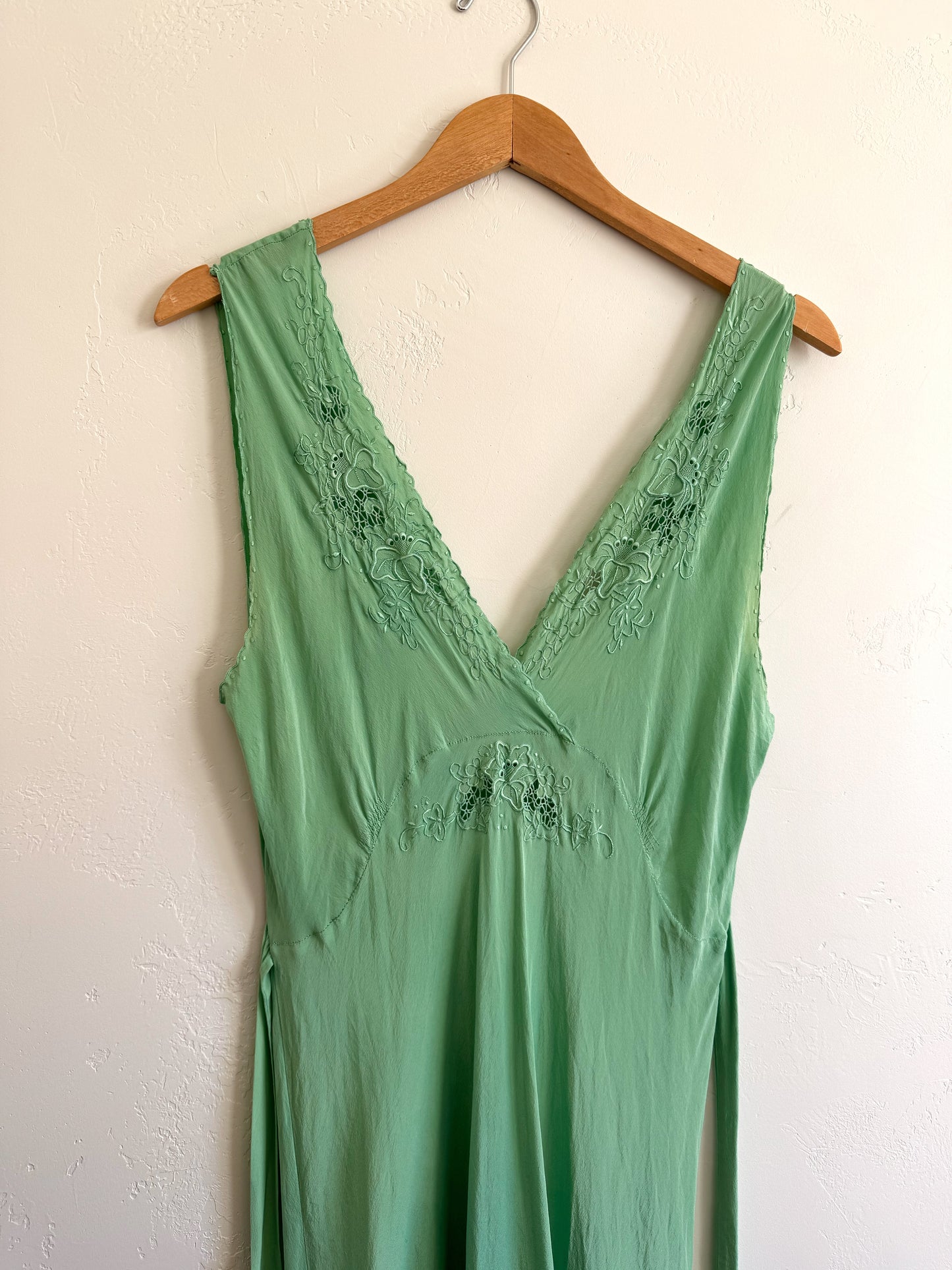 1940s Key Lime Silk Embroidered Slip Dress- M/L