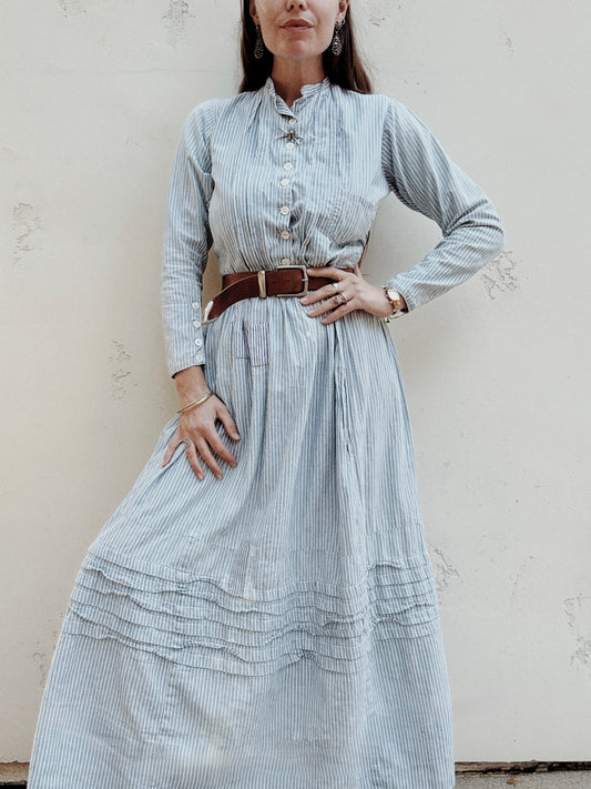 1800s Victorian Blue Striped Double Lined Wrapper Work Dress- S/M