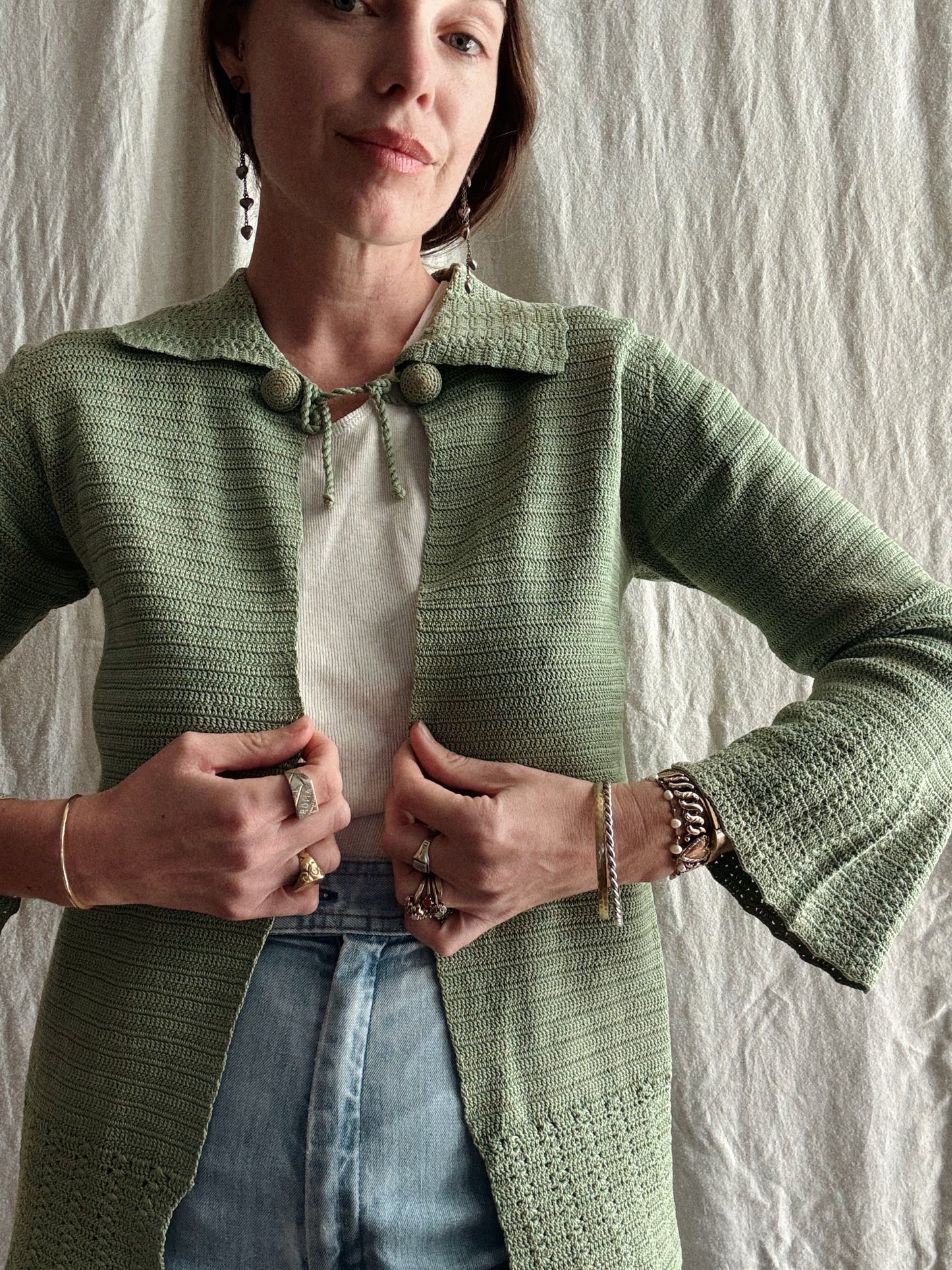 1930s Apple Green Knit Cardigan/ S/M