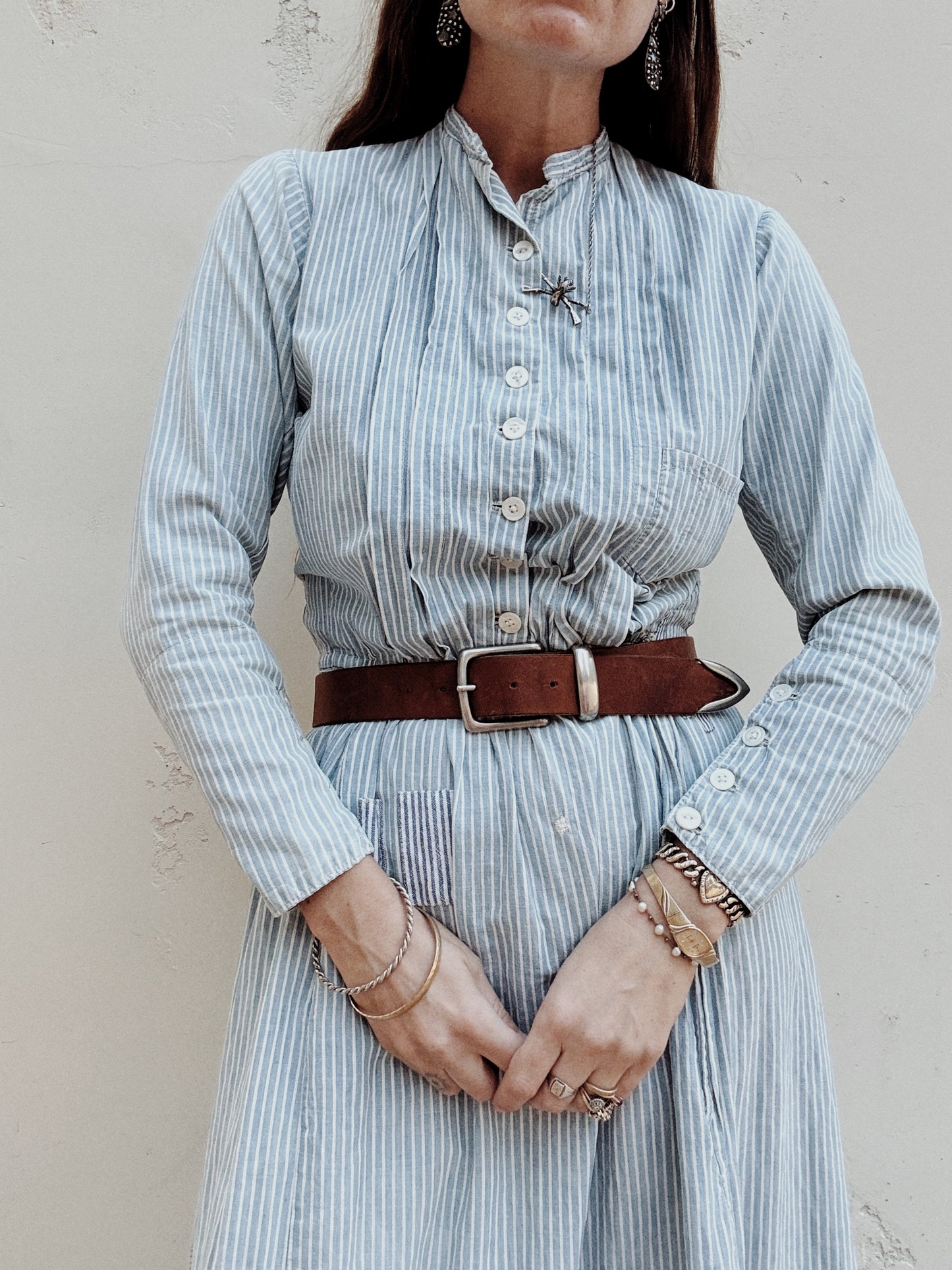 1800s Victorian Blue Striped Double Lined Wrapper Work Dress- S/M