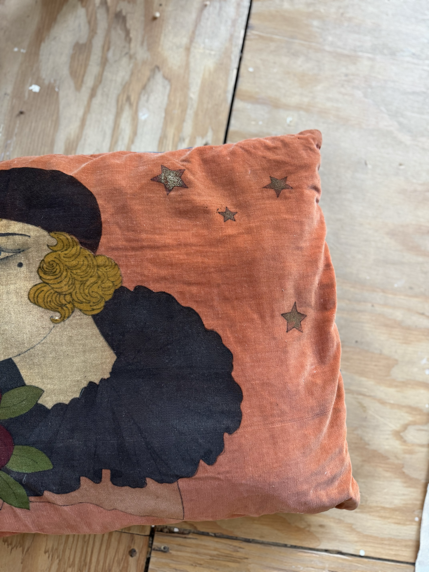 1920s Orange Hand Painted Velveteen Pillow- 15 x 22”