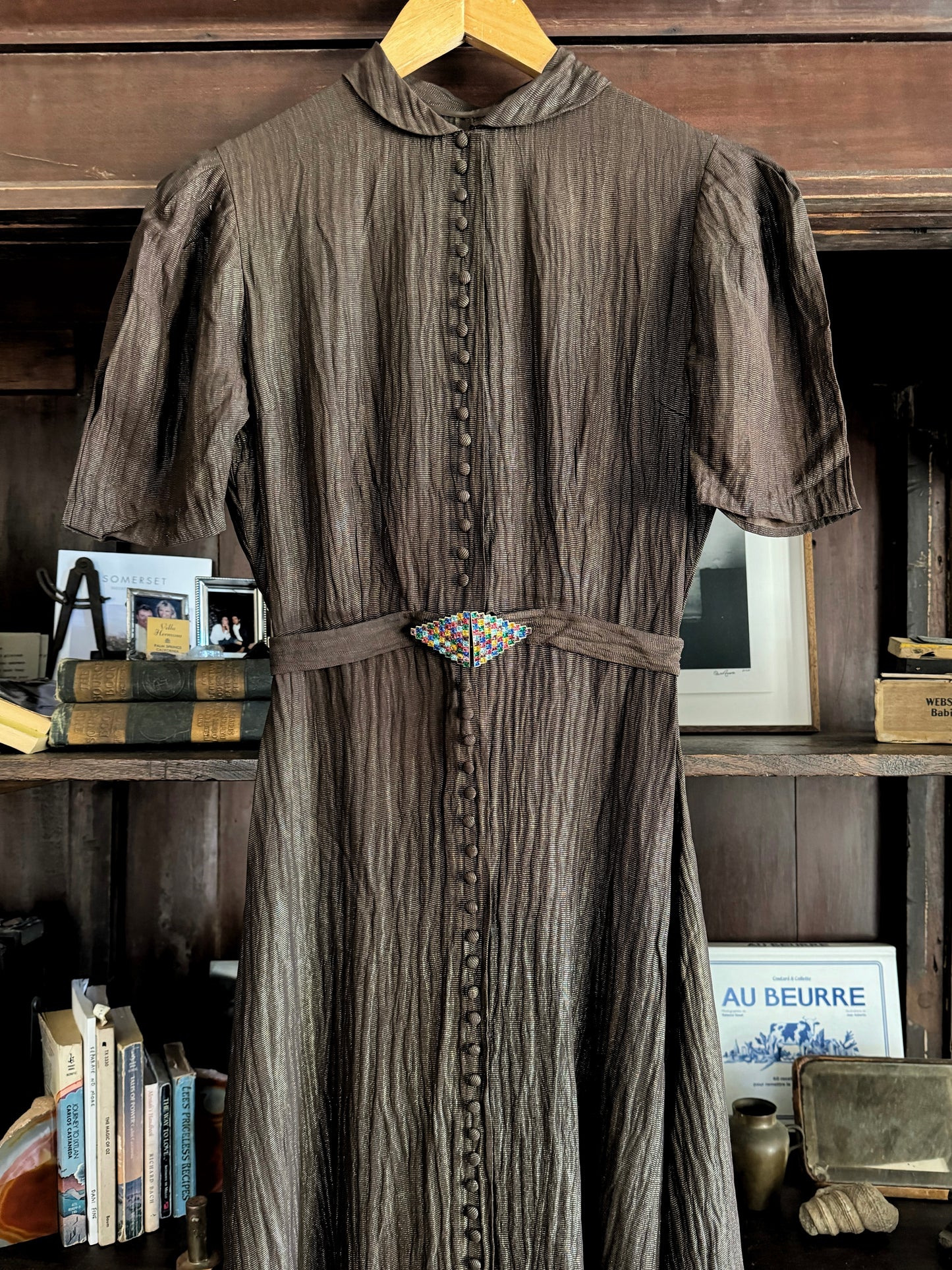 1930s Brown Lamé Dress w/ Rainbow Deco Paste Buckle- XS/S