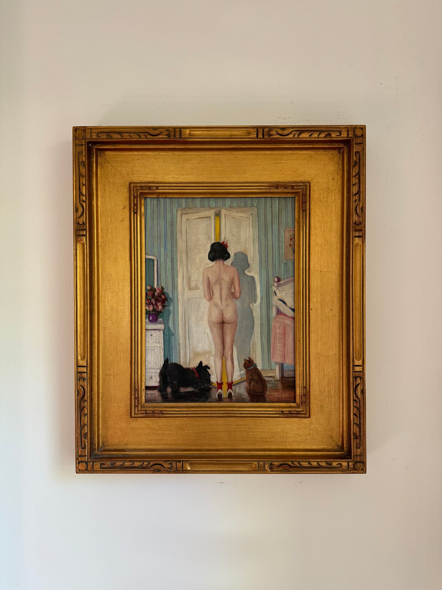 1920s Cheeky Nude w/ Scottie Dog + Kitten Oil Painting- 16 x 19”