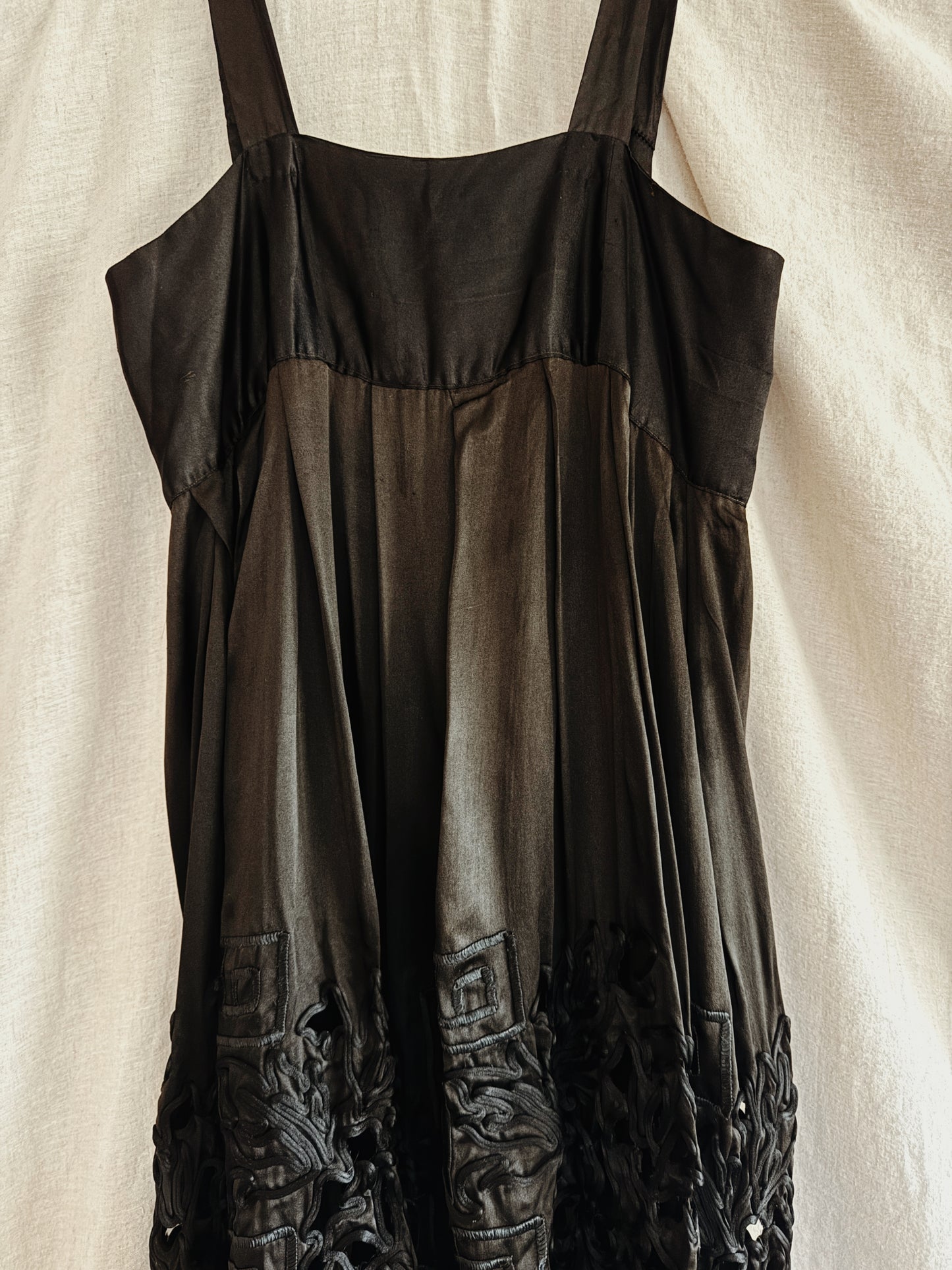 1920s Black Charmeuse Silk Cutout Babydoll Dress- S/M