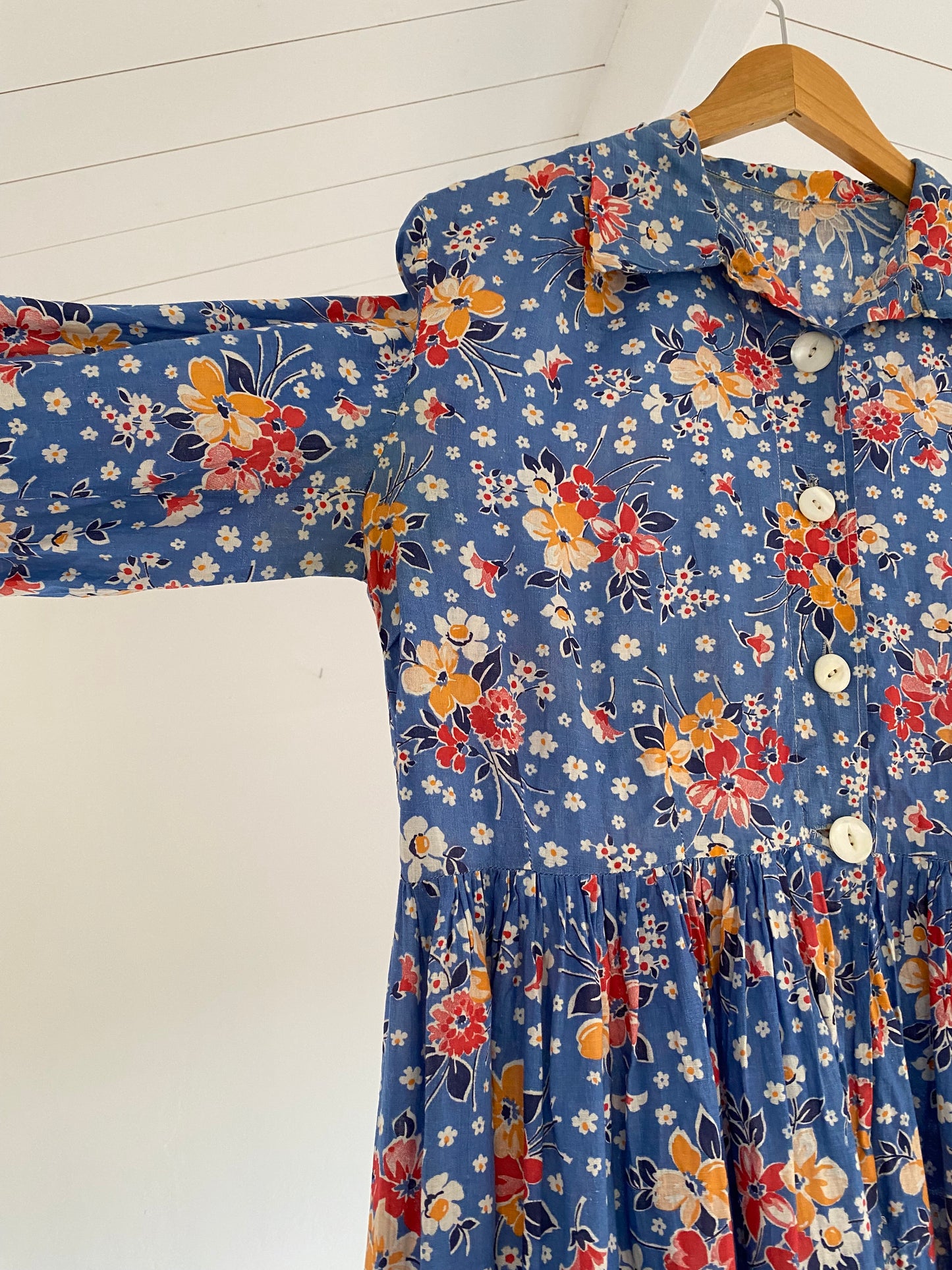 1930s/40s Blue Cotton Floral Maxi Feedsack Dress- L