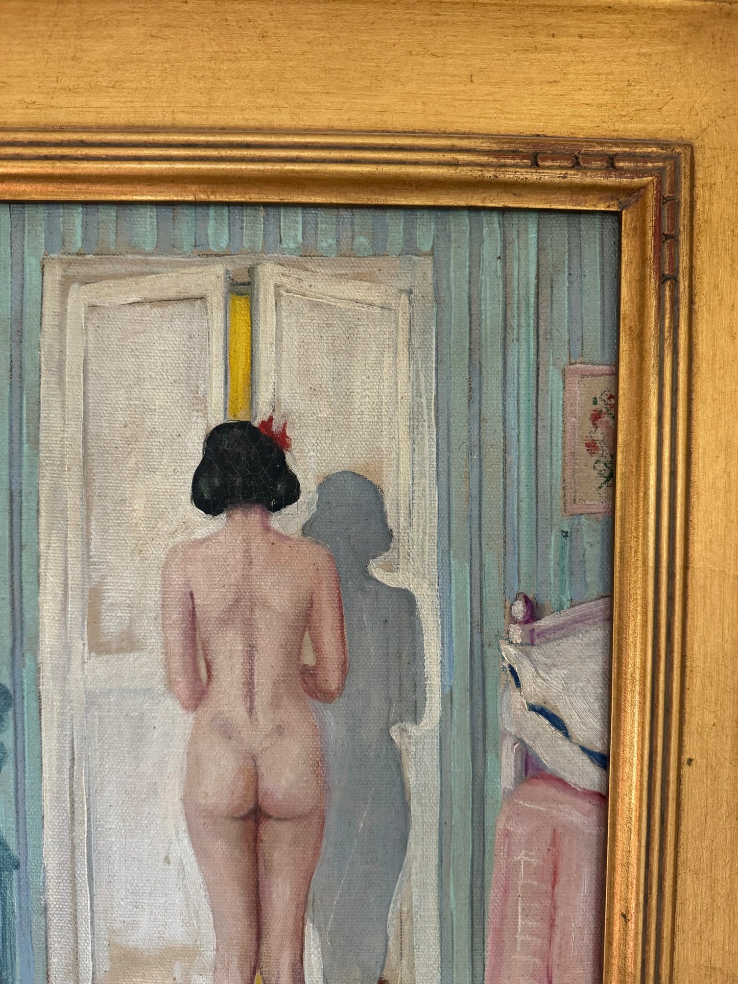 1920s Cheeky Nude w/ Scottie Dog + Kitten Oil Painting- 16 x 19”