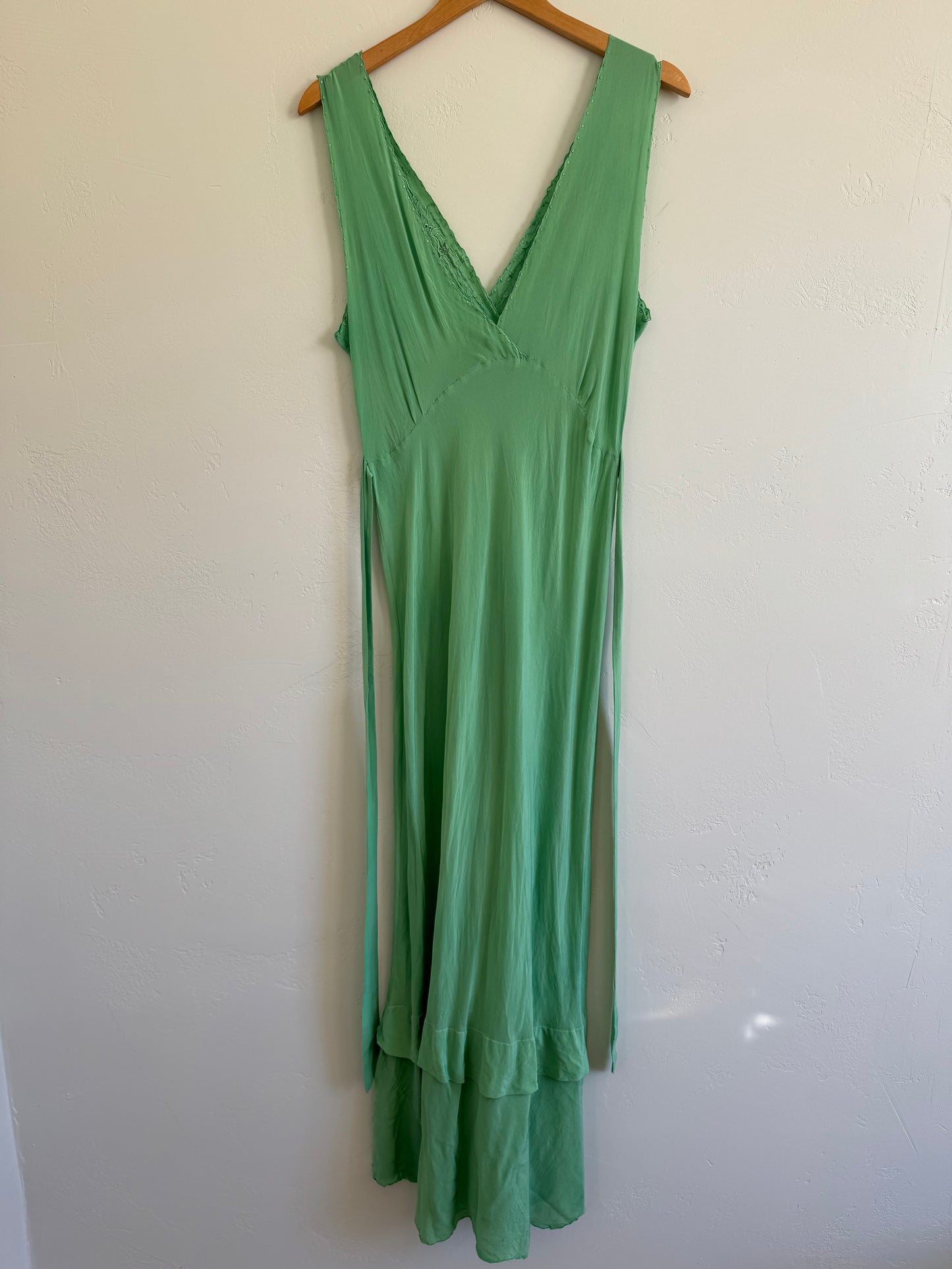 1940s Key Lime Silk Embroidered Slip Dress- M/L