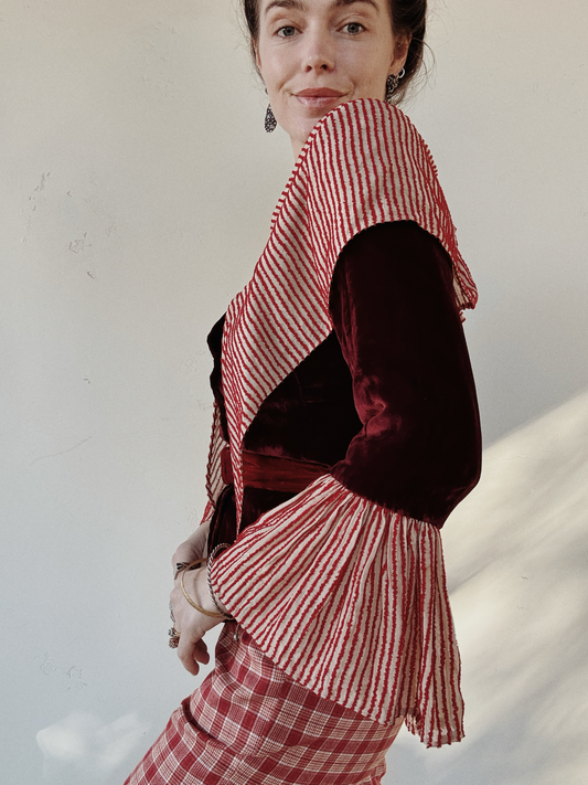 1930s/40s Burgundy + Candy Cane Stripe Velvet Jacket- S/M