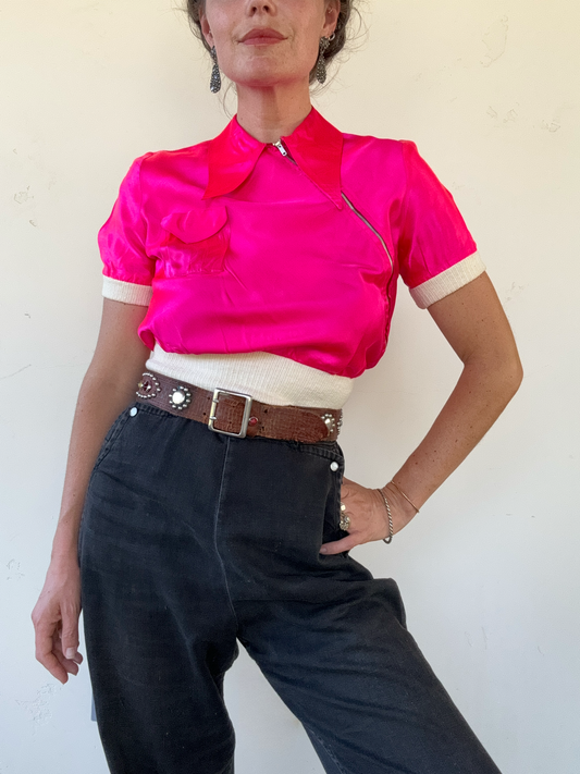 1940s Rare Electric Neon Pink Satin Cropped Sportswear Top w/ Zipper- S