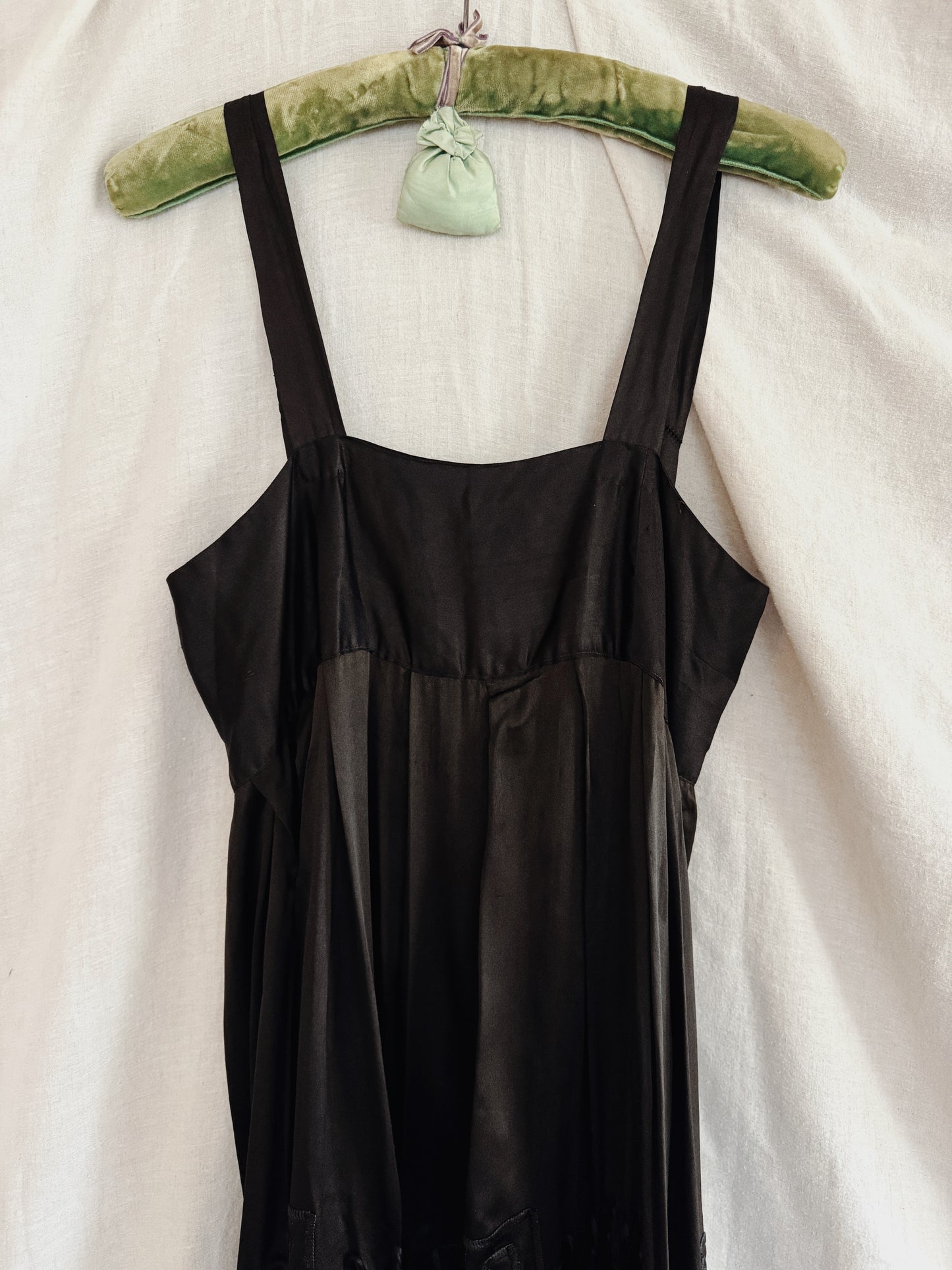 1920s Black Charmeuse Silk Cutout Babydoll Dress- S/M