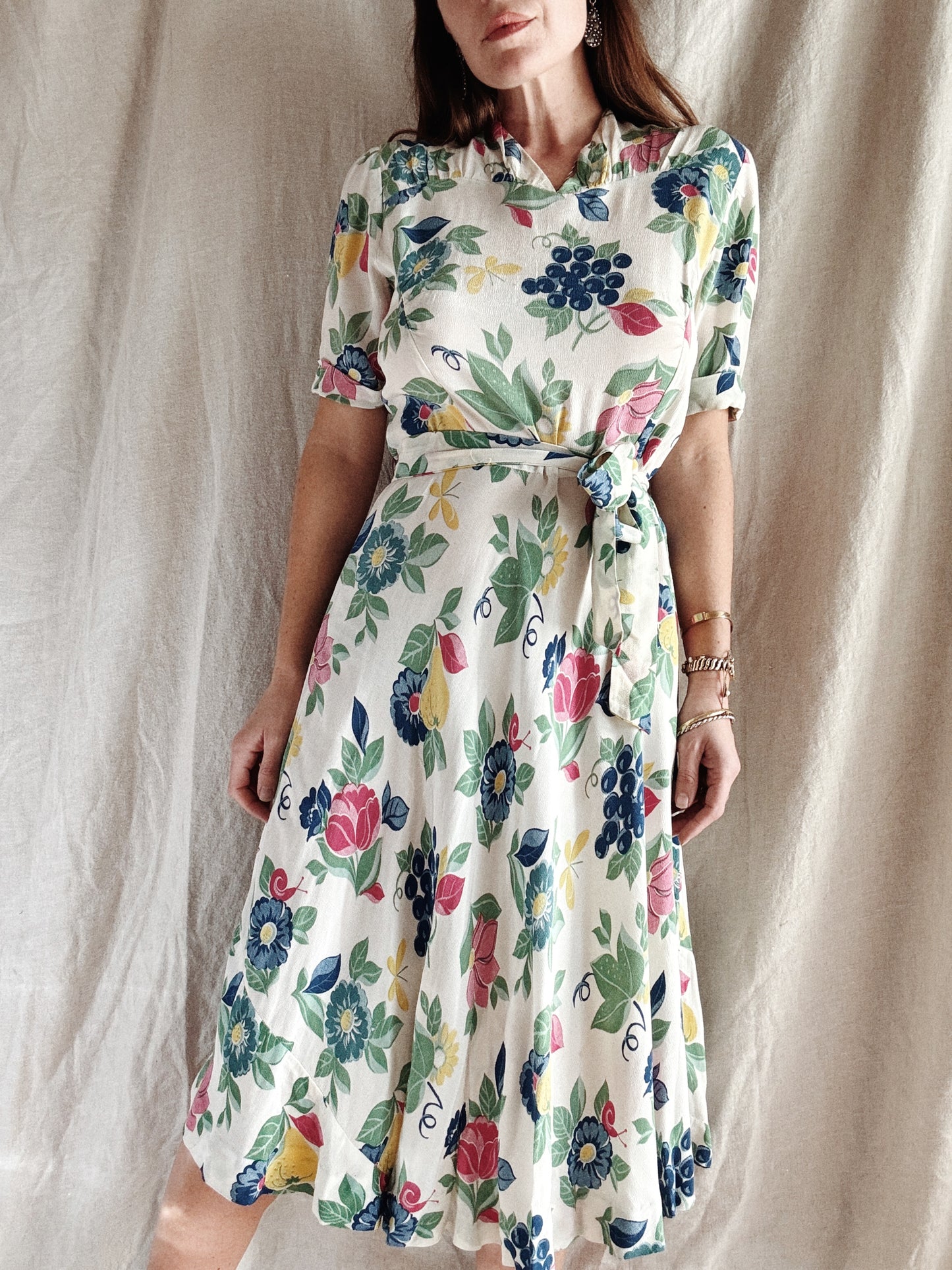 1940s White Fruit Print Crepe Day Dress- M/L