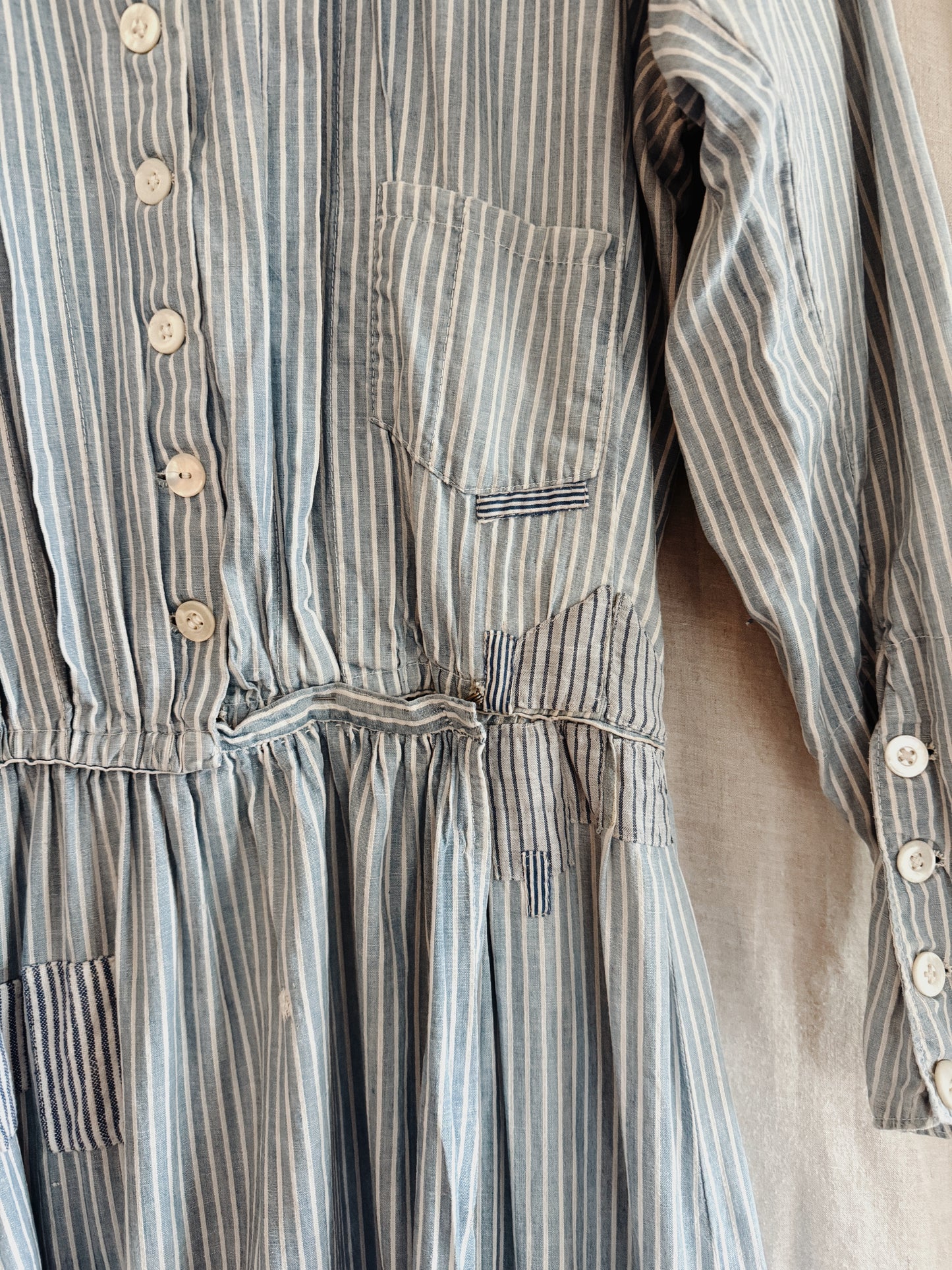 1800s Victorian Blue Striped Double Lined Wrapper Work Dress- S/M