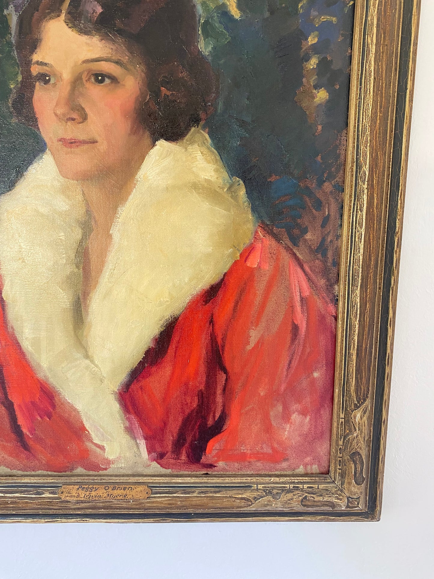 1920s Framed Portrait of A Women in a Coral Opera Coat by Irwin Myers- 25x29”