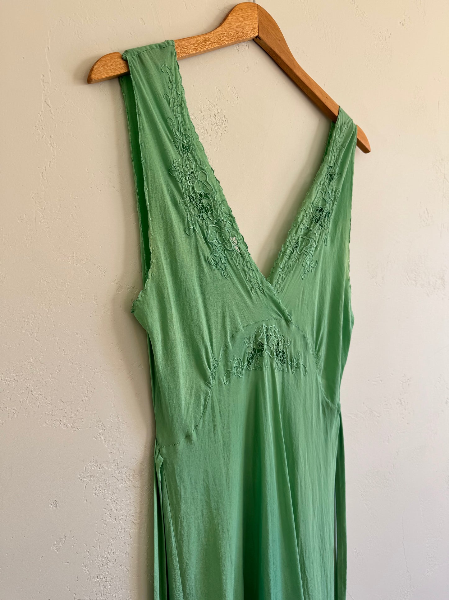 1940s Key Lime Silk Embroidered Slip Dress- M/L