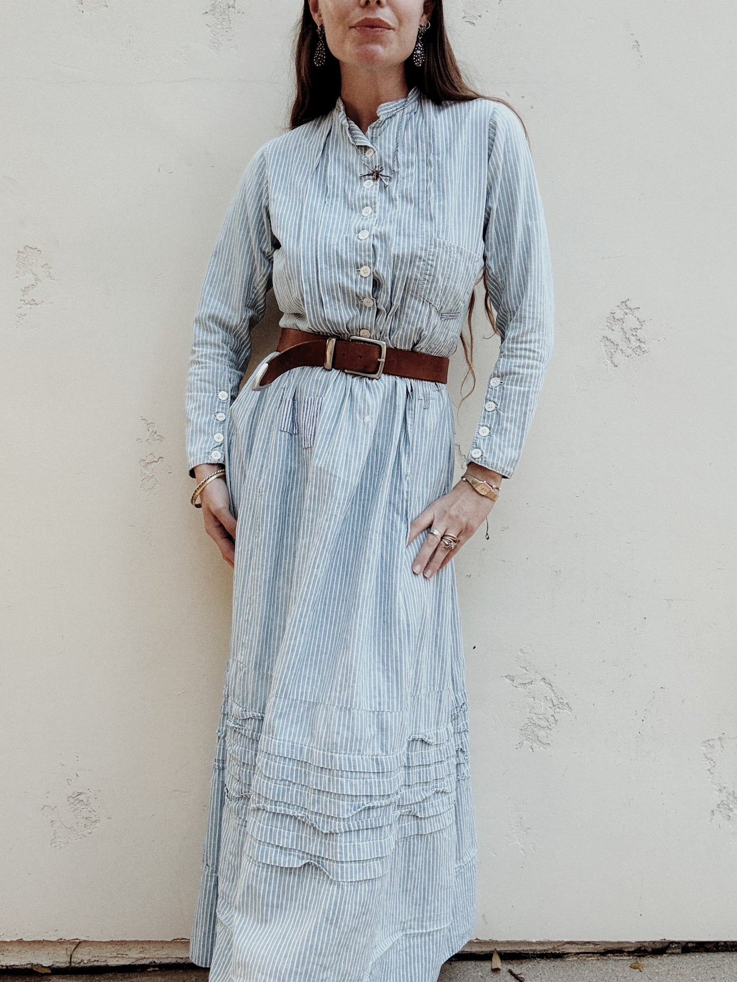 1800s Victorian Blue Striped Double Lined Wrapper Work Dress- S/M