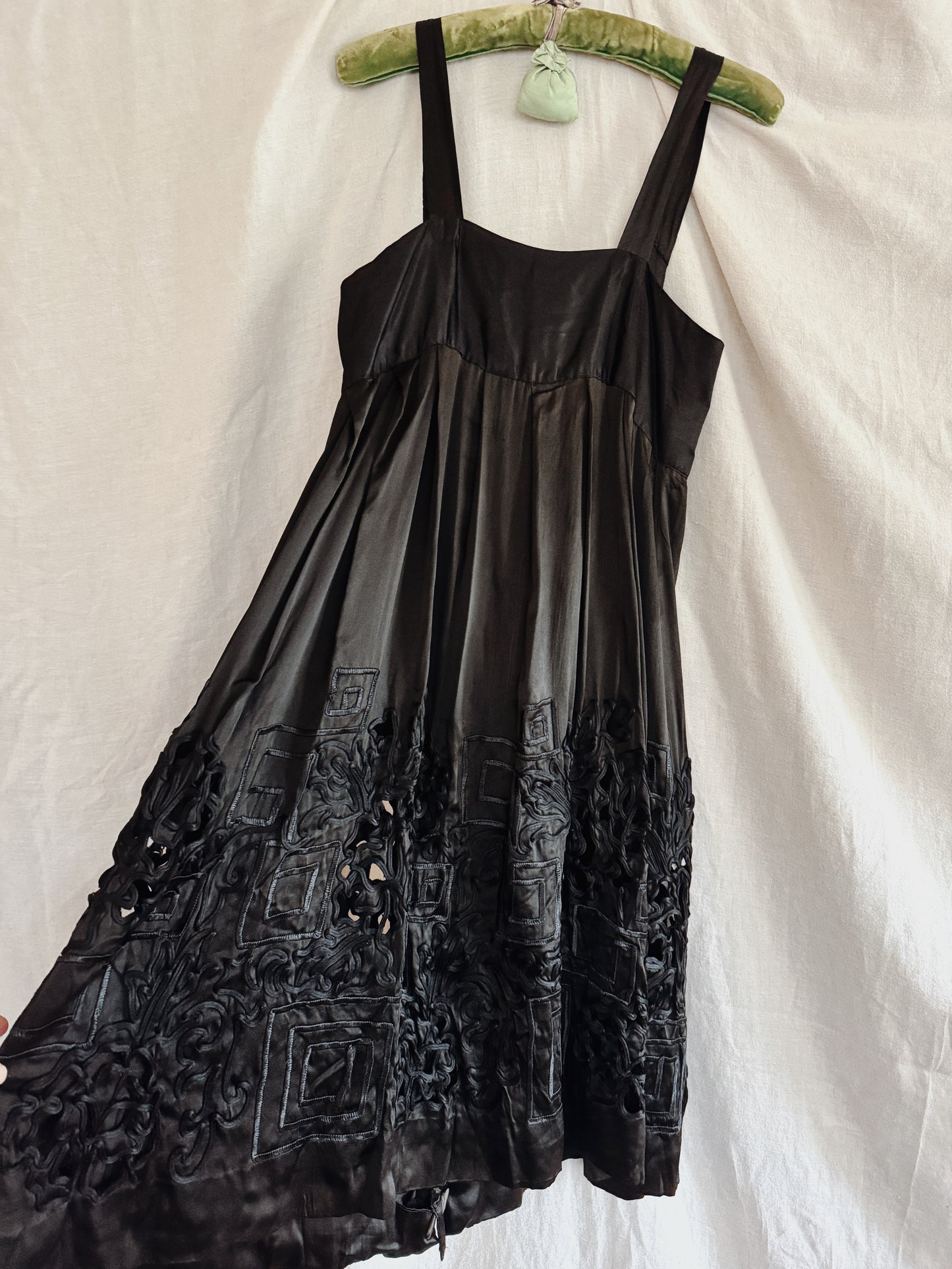 1920s Black Charmeuse Silk Cutout Babydoll Dress- S/M