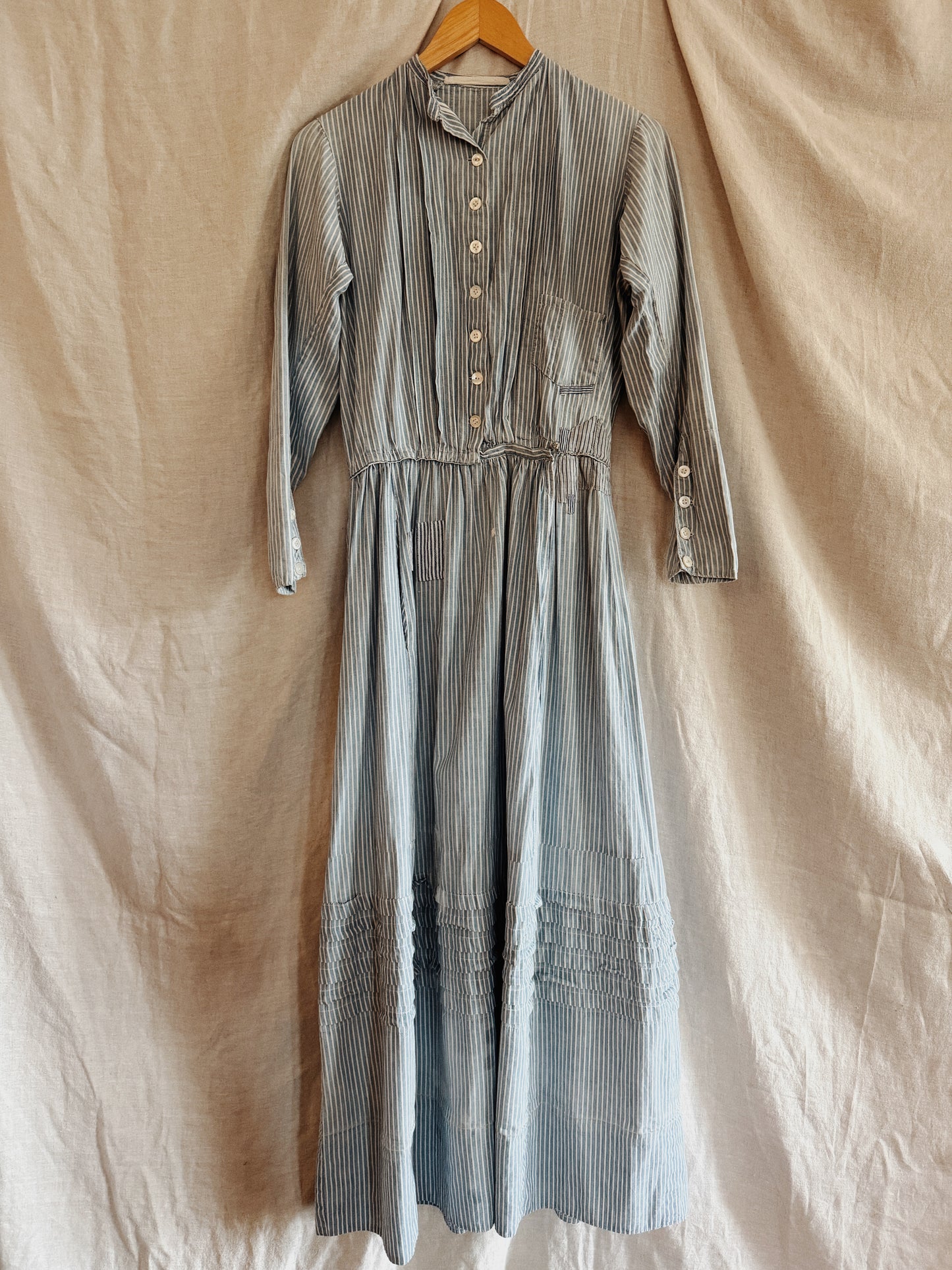 1800s Victorian Blue Striped Double Lined Wrapper Work Dress- S/M