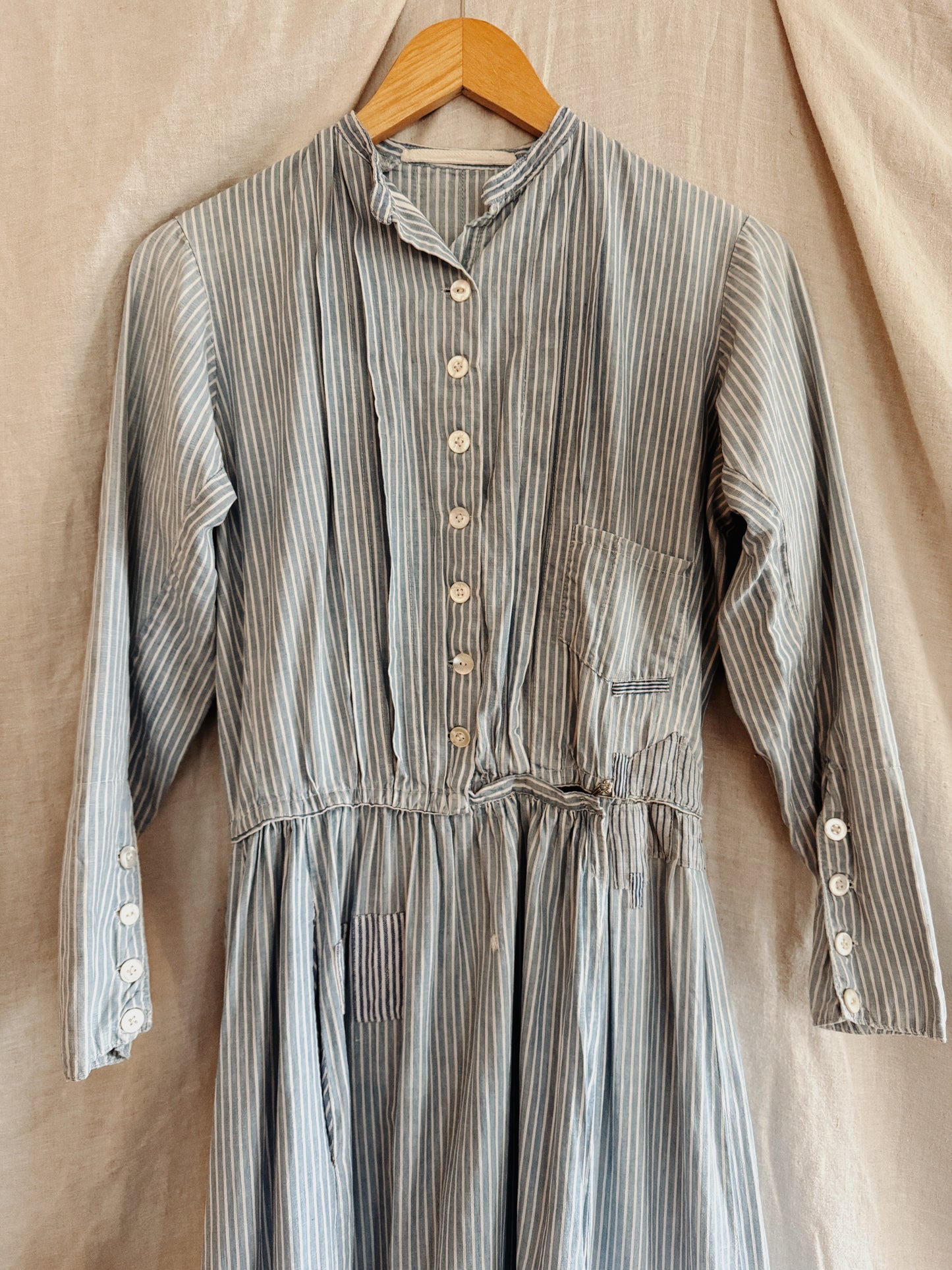 1800s Victorian Blue Striped Double Lined Wrapper Work Dress- S/M