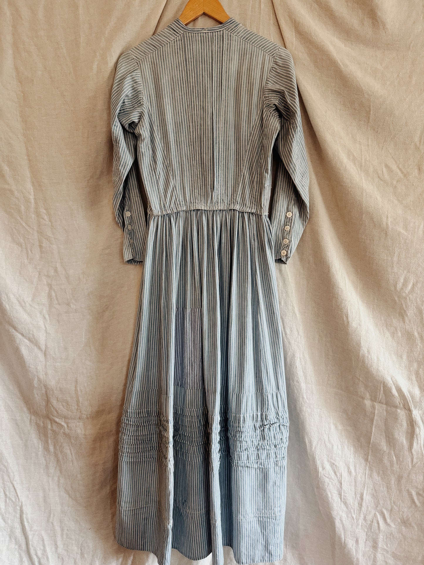 1800s Victorian Blue Striped Double Lined Wrapper Work Dress- S/M