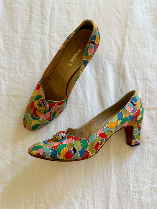 1950s/60s Saks Fifth Avenue Rainbow Pop Art Silk Heels- 7.5