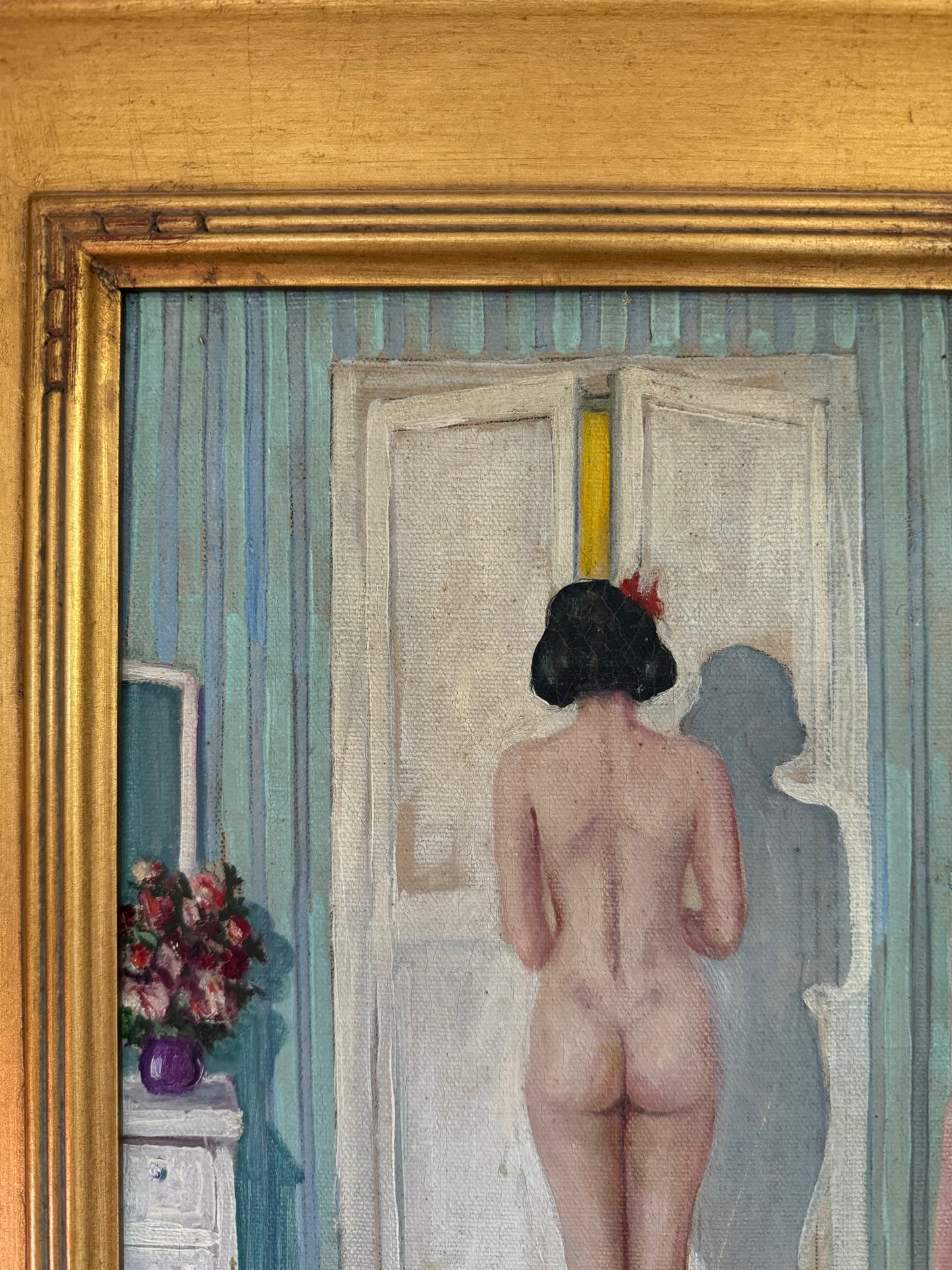 1920s Cheeky Nude w/ Scottie Dog + Kitten Oil Painting- 16 x 19”