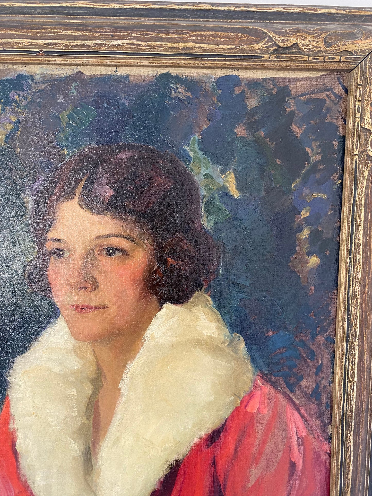 1920s Framed Portrait of A Women in a Coral Opera Coat by Irwin Myers- 25x29”