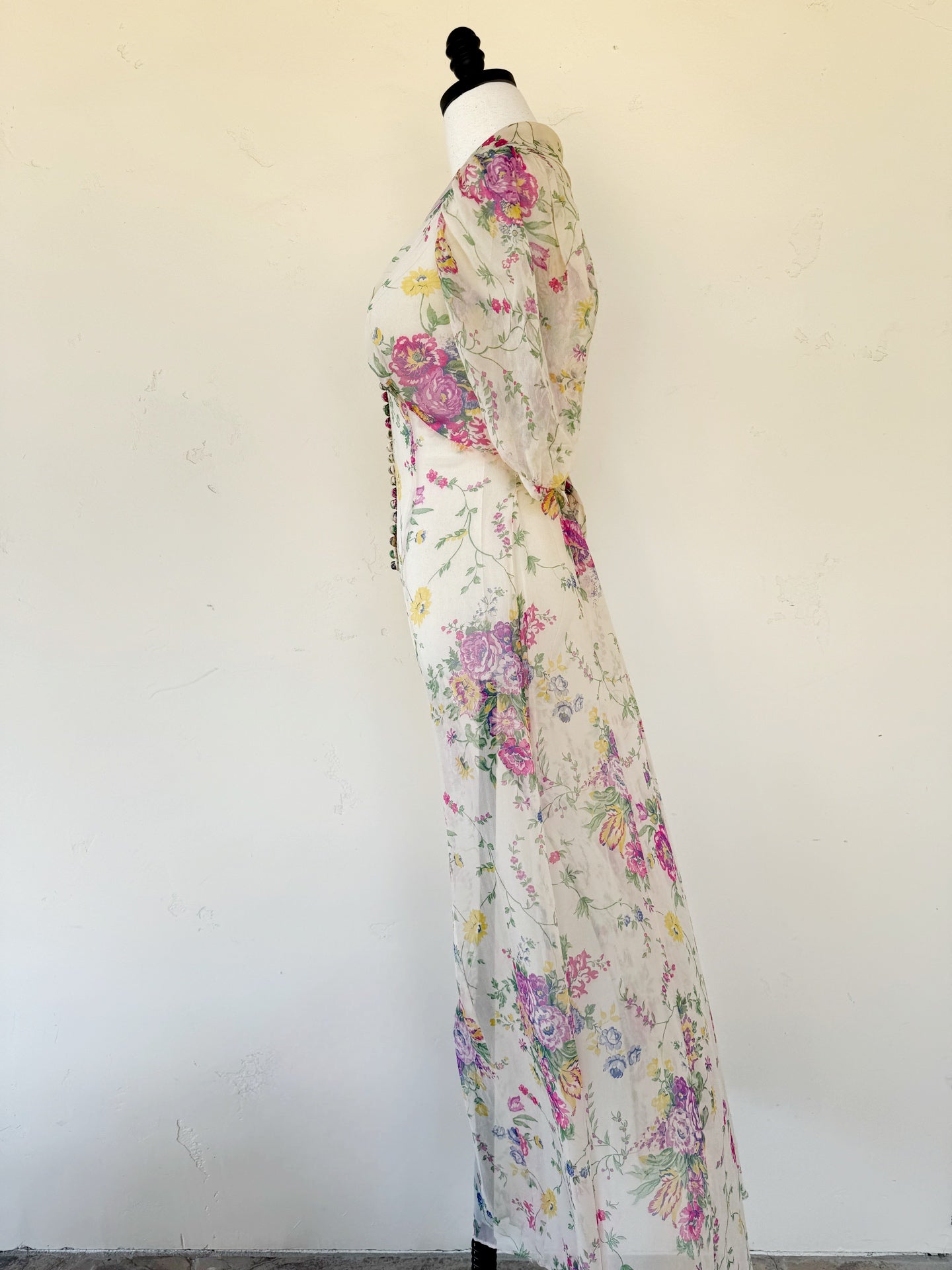 1930s Silk Chiffon Floral Dress w/ Puffed Shoulders- S