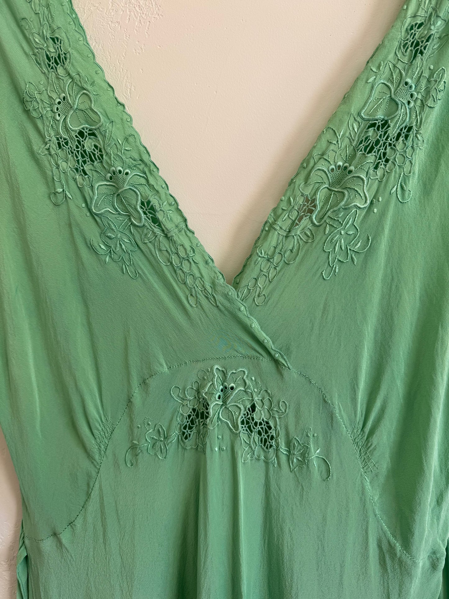 1940s Key Lime Silk Embroidered Slip Dress- M/L