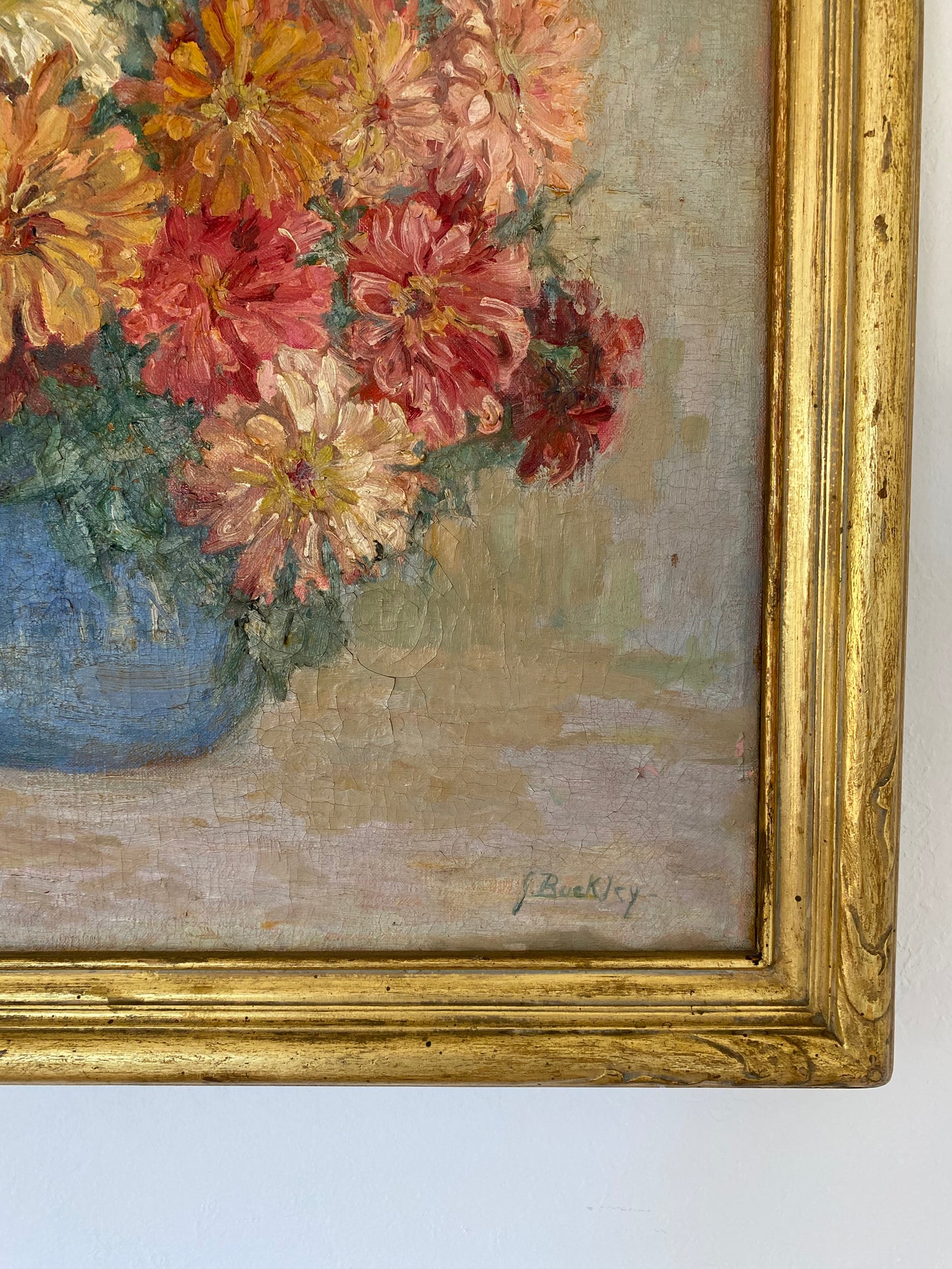 1930s Large Pink Floral Still Life of Zinnias in Gilt Frame- 23x25”