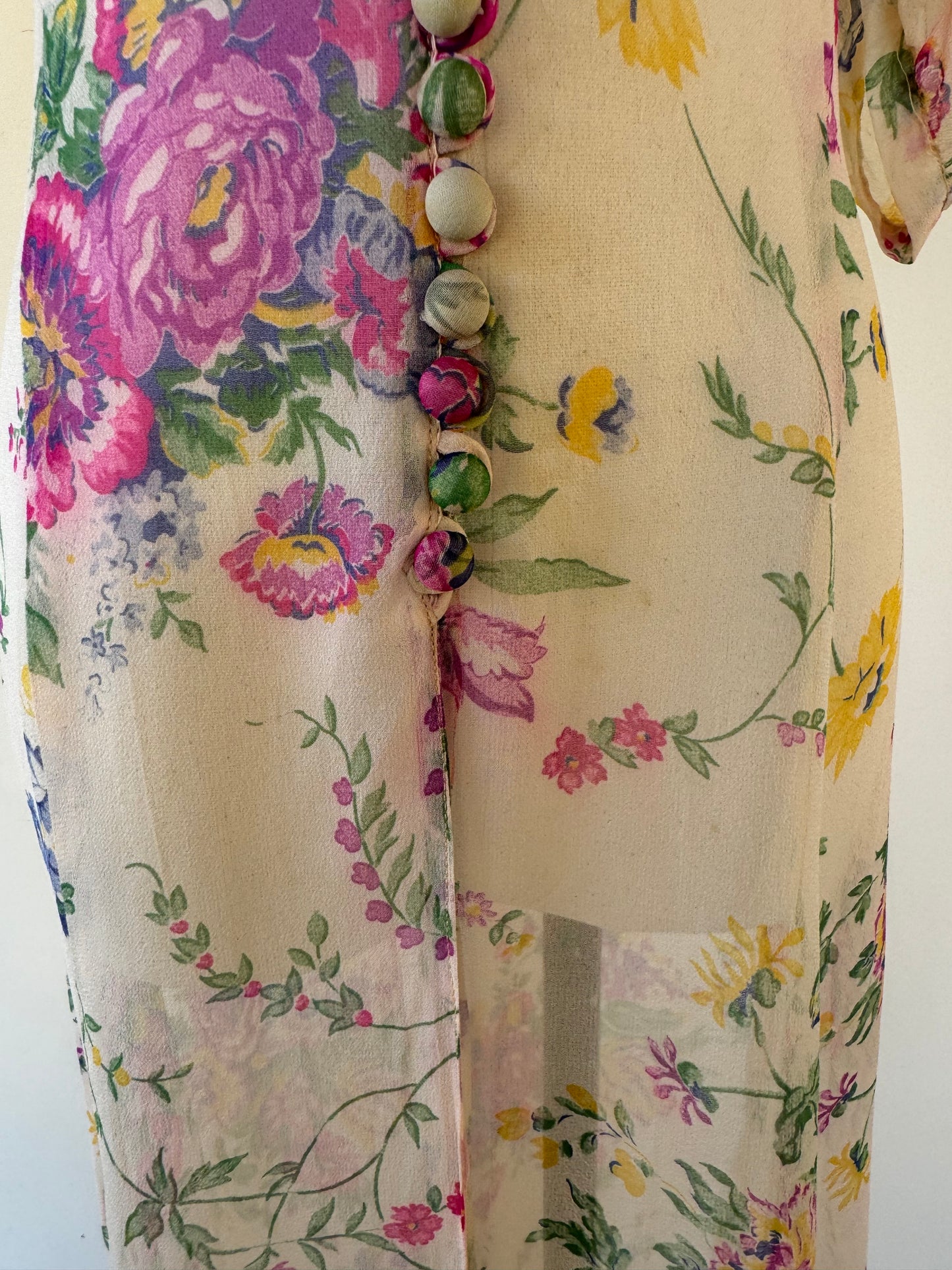 1930s Silk Chiffon Floral Dress w/ Puffed Shoulders- S