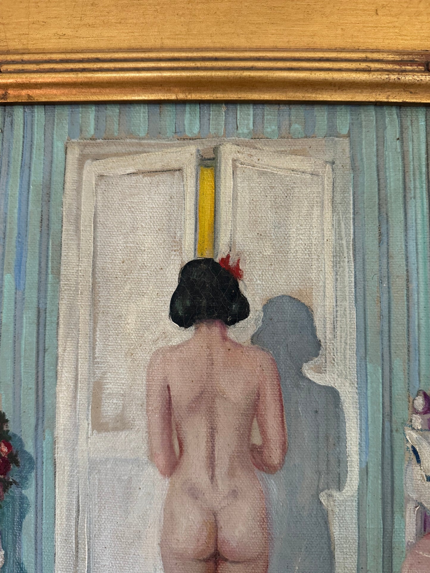 1920s Cheeky Nude w/ Scottie Dog + Kitten Oil Painting- 16 x 19”