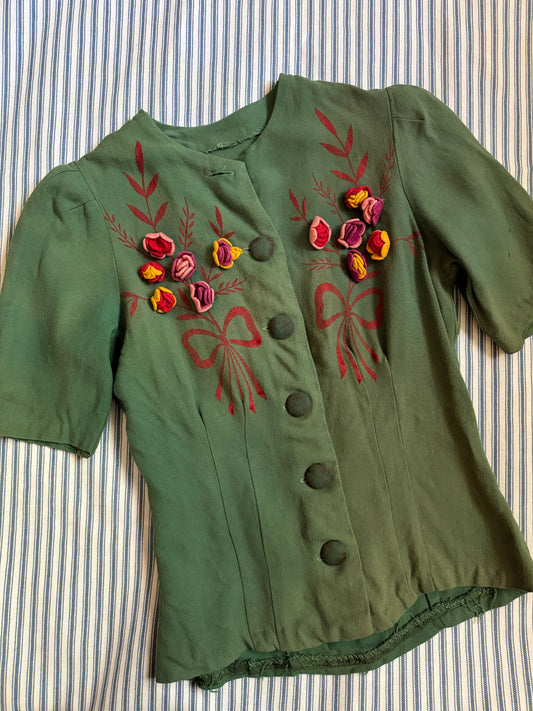 1940s Green Blouse w/ Hand Painted Bows + Felted Flowers- S