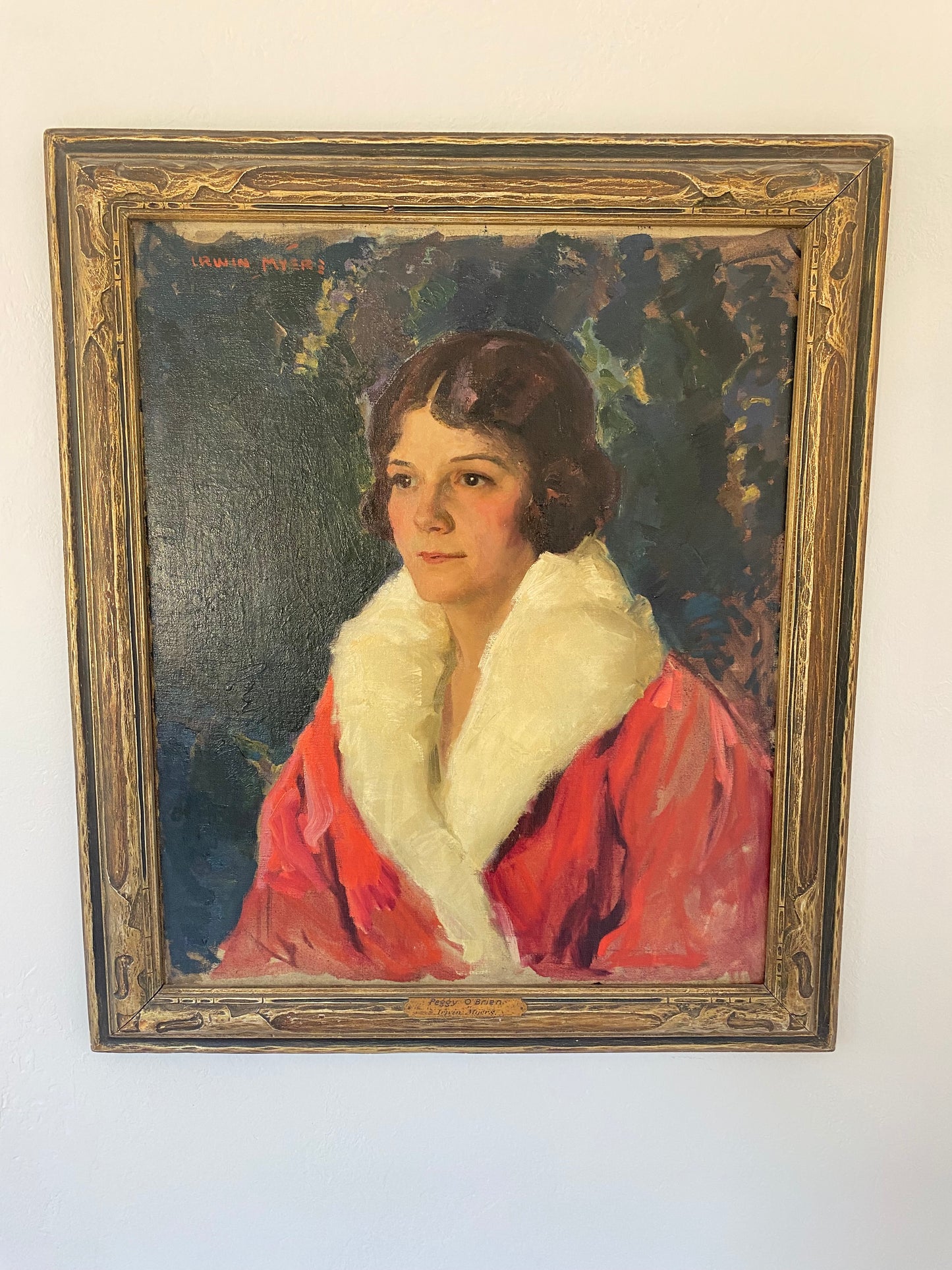 1920s Framed Portrait of A Women in a Coral Opera Coat by Irwin Myers- 25x29”