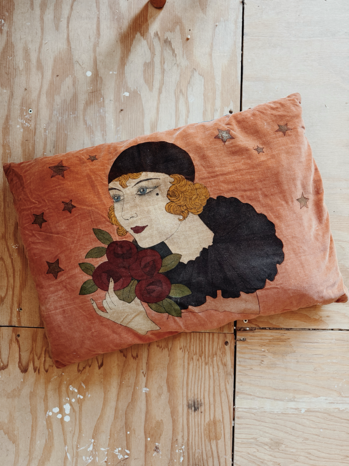 1920s Orange Hand Painted Velveteen Pillow- 15 x 22”