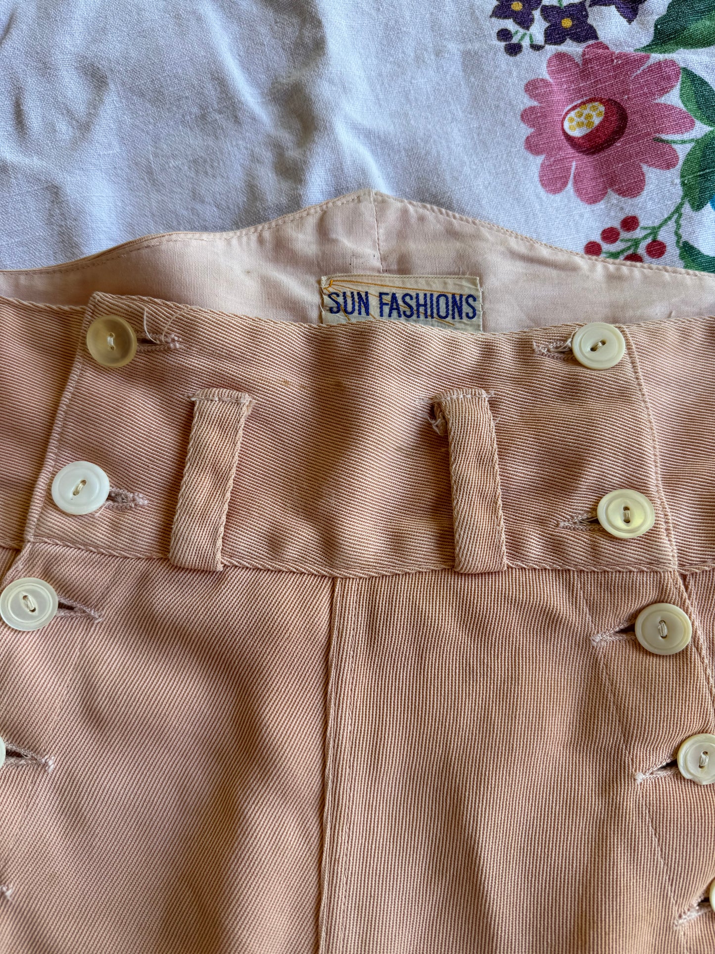 1930s Petal Pink Gabardine Flap Front Shorts- S/M