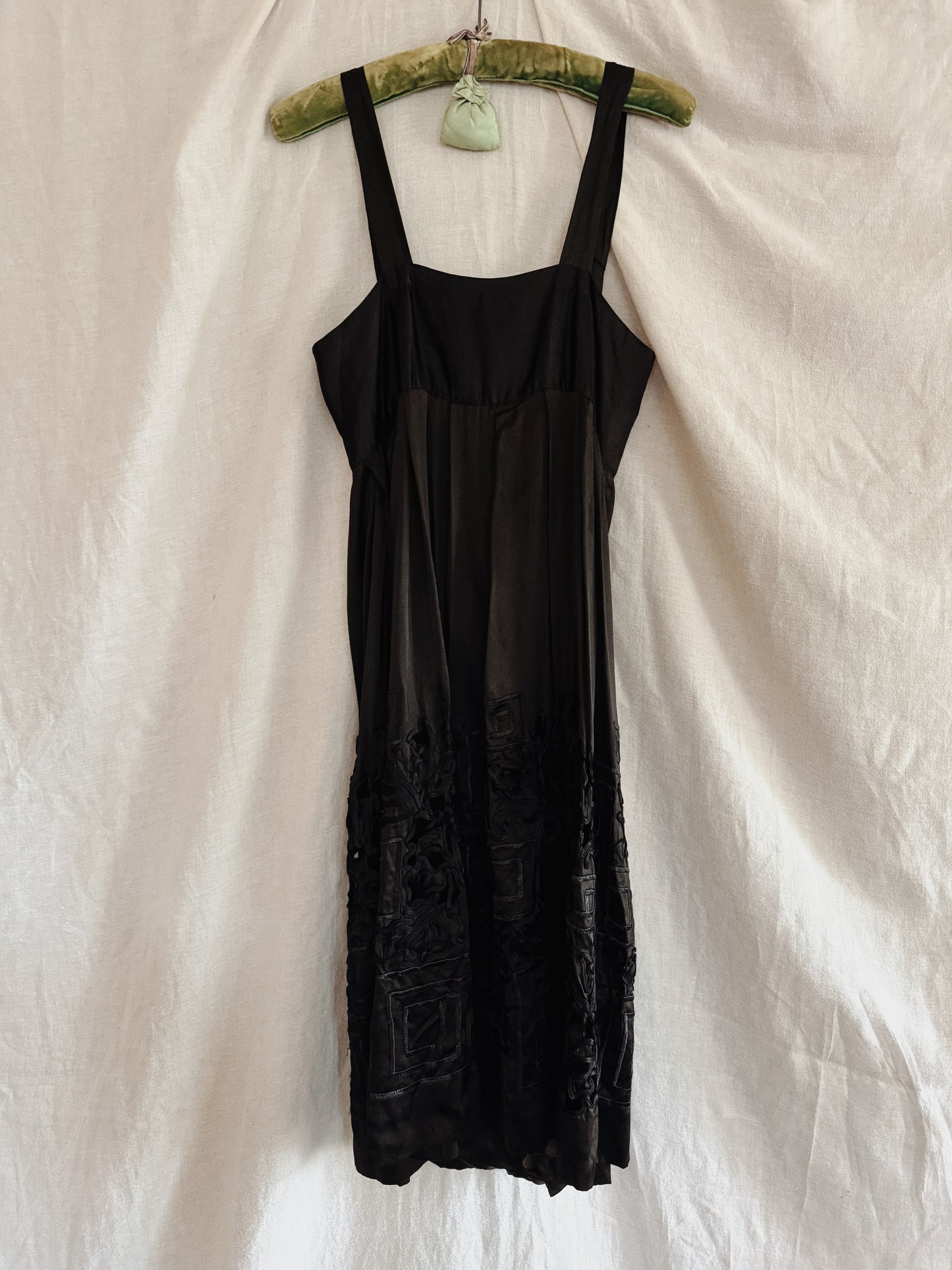 1920s Black Charmeuse Silk Cutout Babydoll Dress- S/M