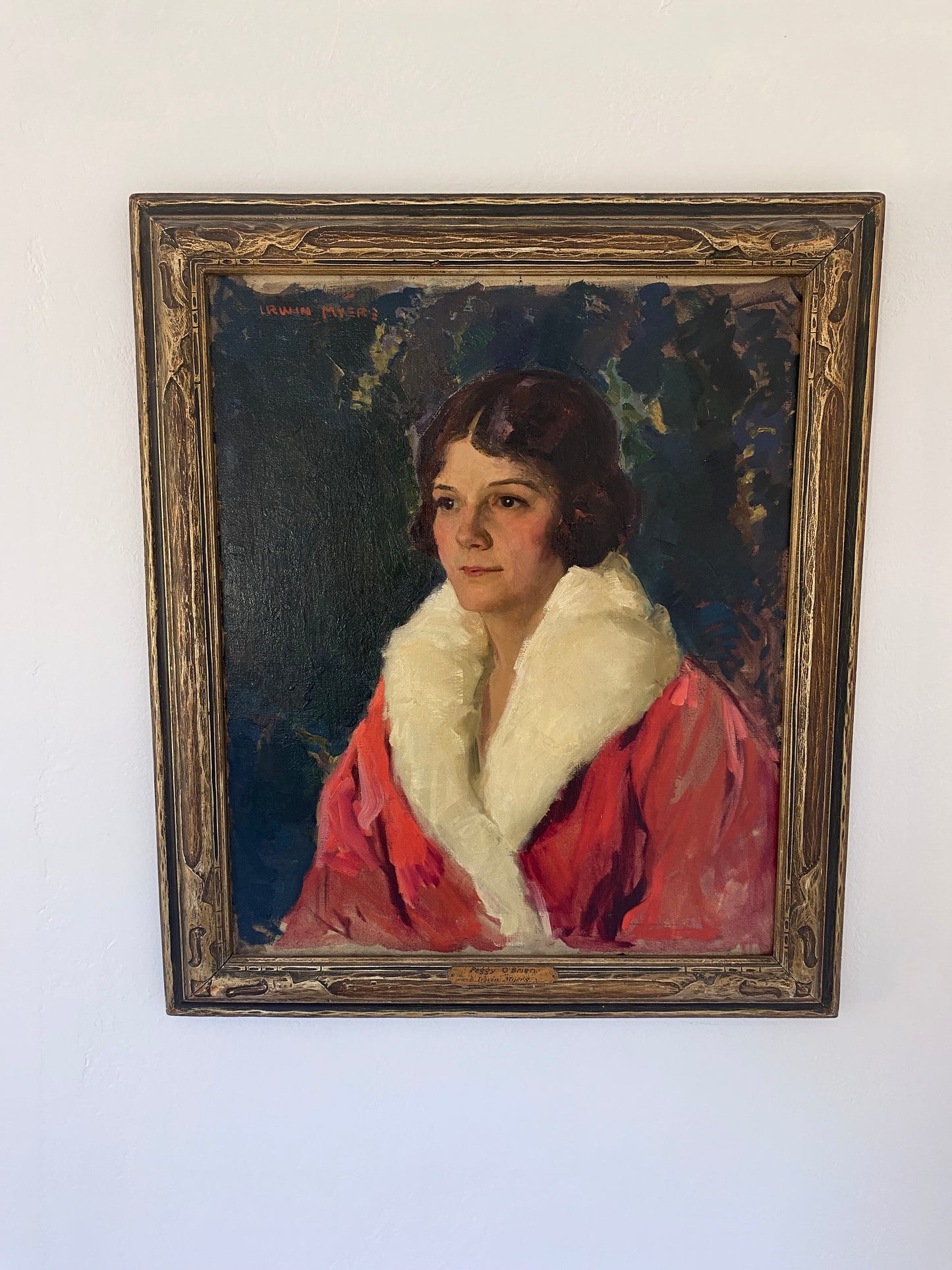 1920s Framed Portrait of A Women in a Coral Opera Coat by Irwin Myers- 25x29”