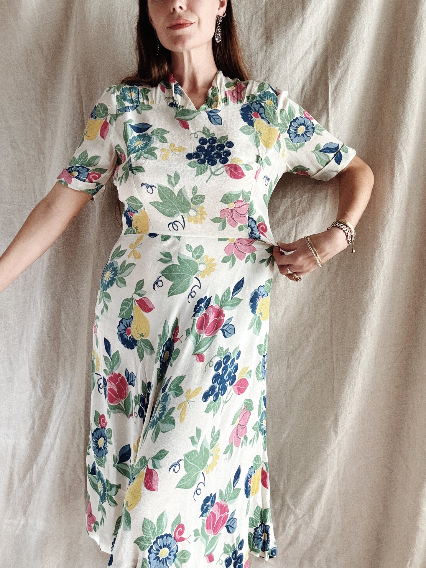 1940s White Fruit Print Crepe Day Dress- M/L