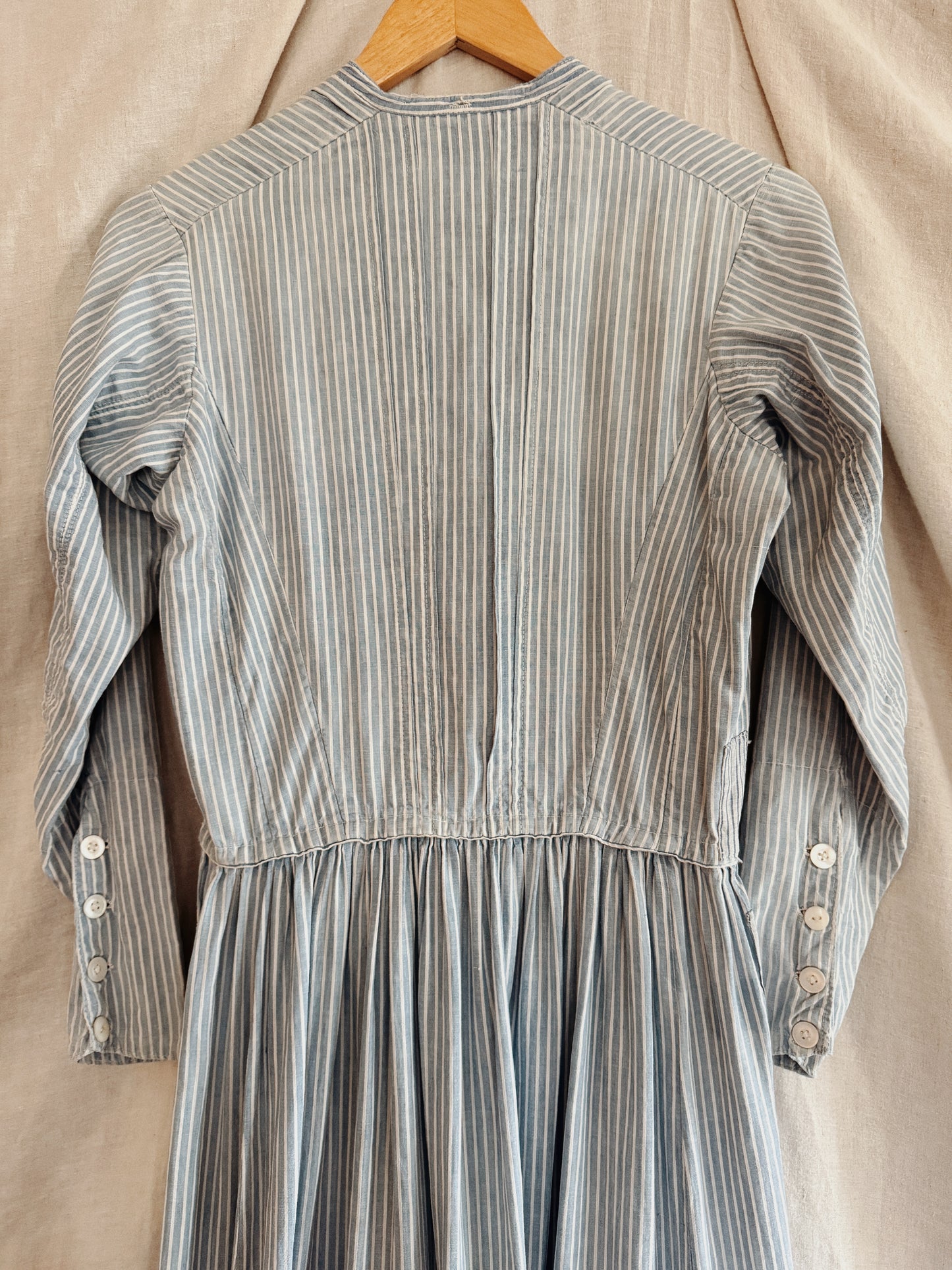 1800s Victorian Blue Striped Double Lined Wrapper Work Dress- S/M