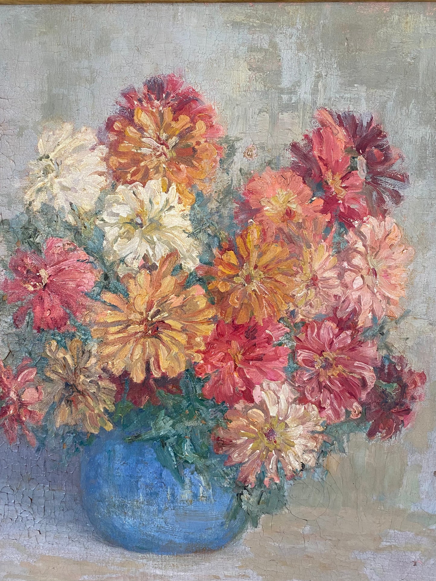 1930s Large Pink Floral Still Life of Zinnias in Gilt Frame- 23x25”