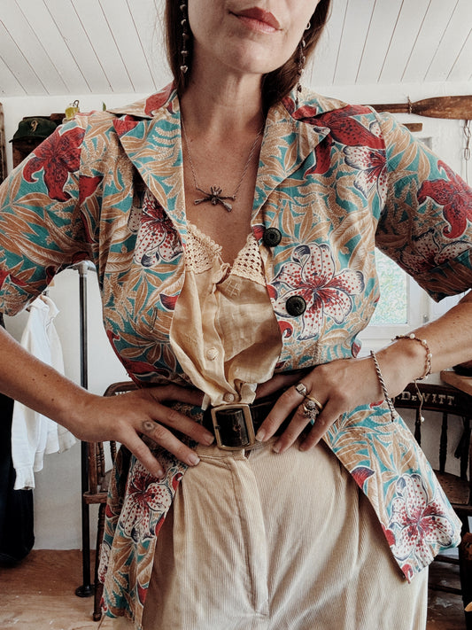 1940s Hawaiian Floral Cotton Blouse- S