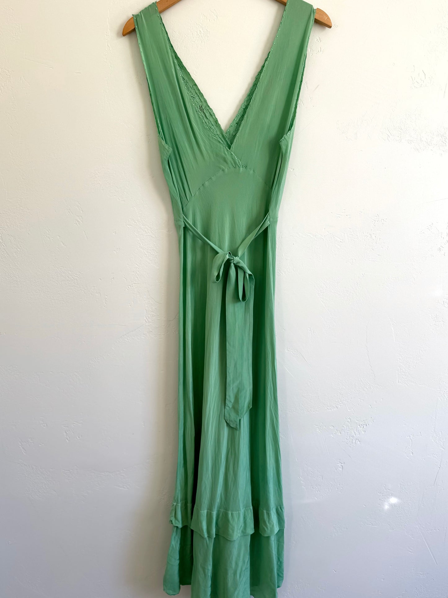 1940s Key Lime Silk Embroidered Slip Dress- M/L