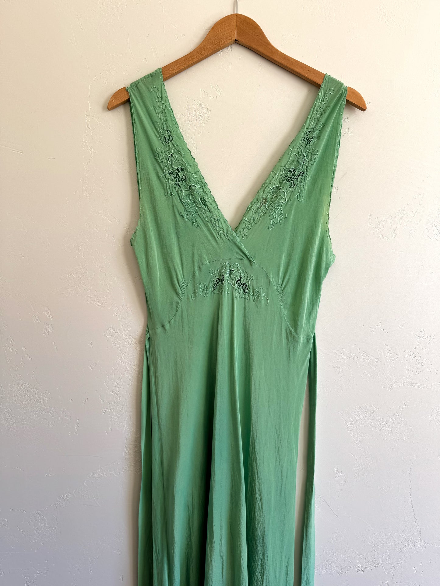 1940s Key Lime Silk Embroidered Slip Dress- M/L